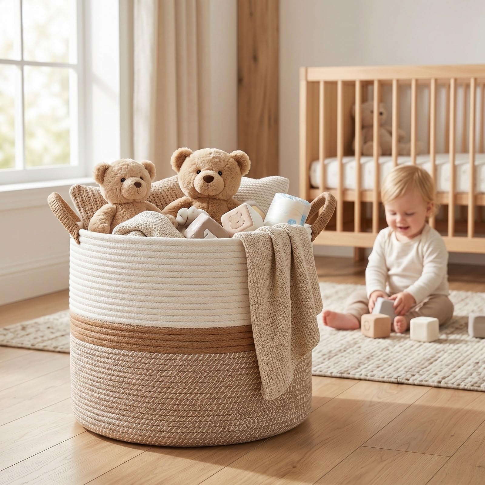 Levede Linen Drawstring Laundry Basket — Warm Beige - Lifestyle Shot