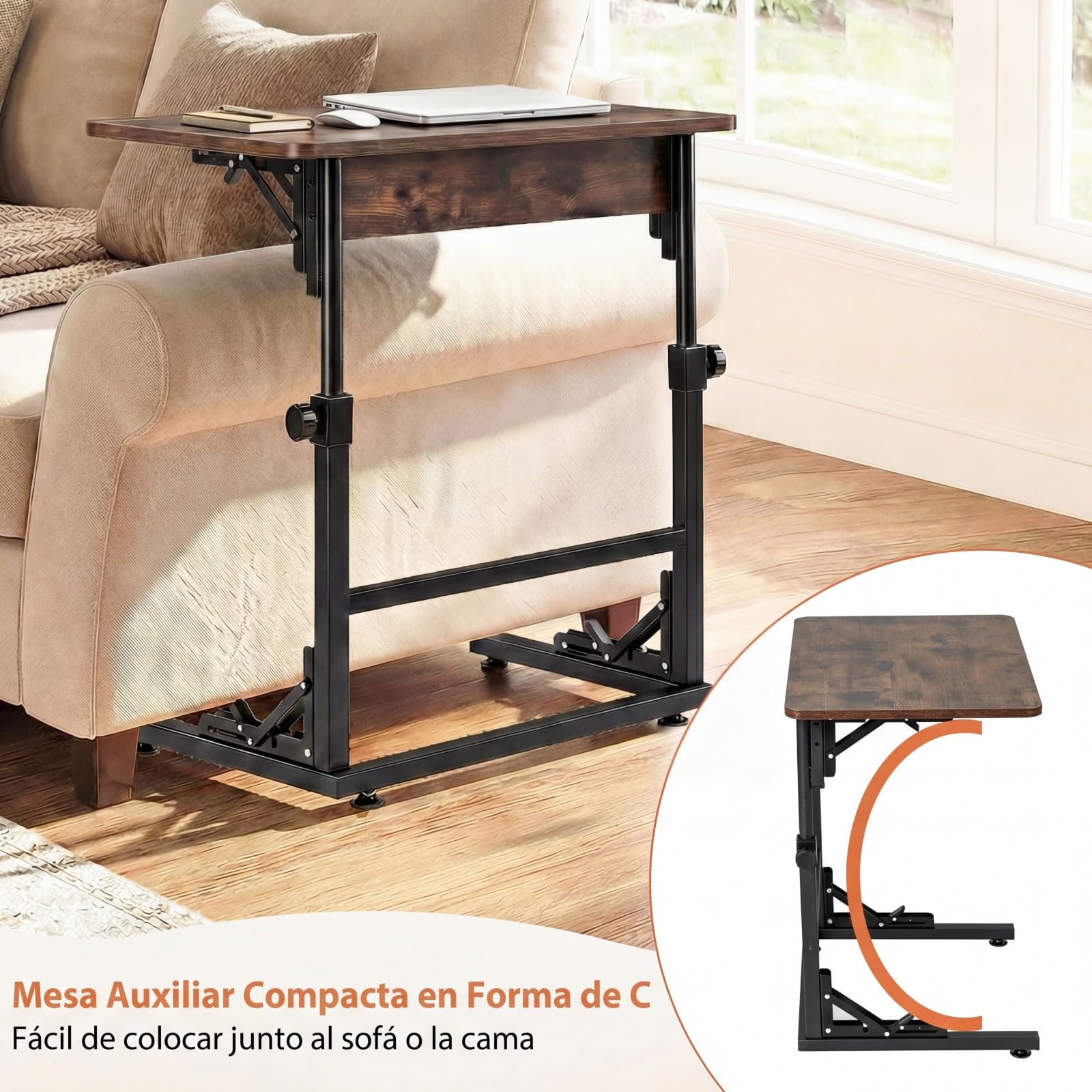 COSTWAY Mesa Auxiliar Plegable en Forma de C, Mesita Lateral para Sofá, Altura Ajustable y Estructura Metálica, Escritorio Industrial para Ordenador Portátil, Salón, Dormitorio, 59,5 x 39 x 51-66 cm