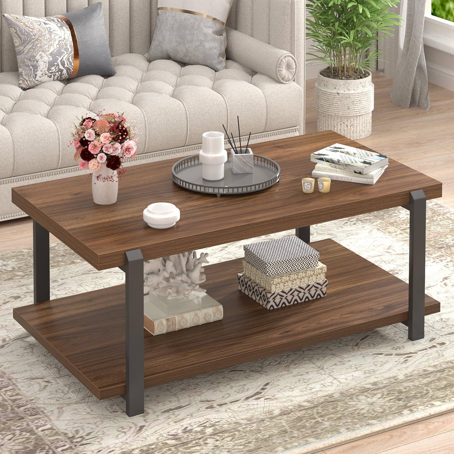 foluban modern coffee table with storage shelf, rustic wood center table for living room, walnut