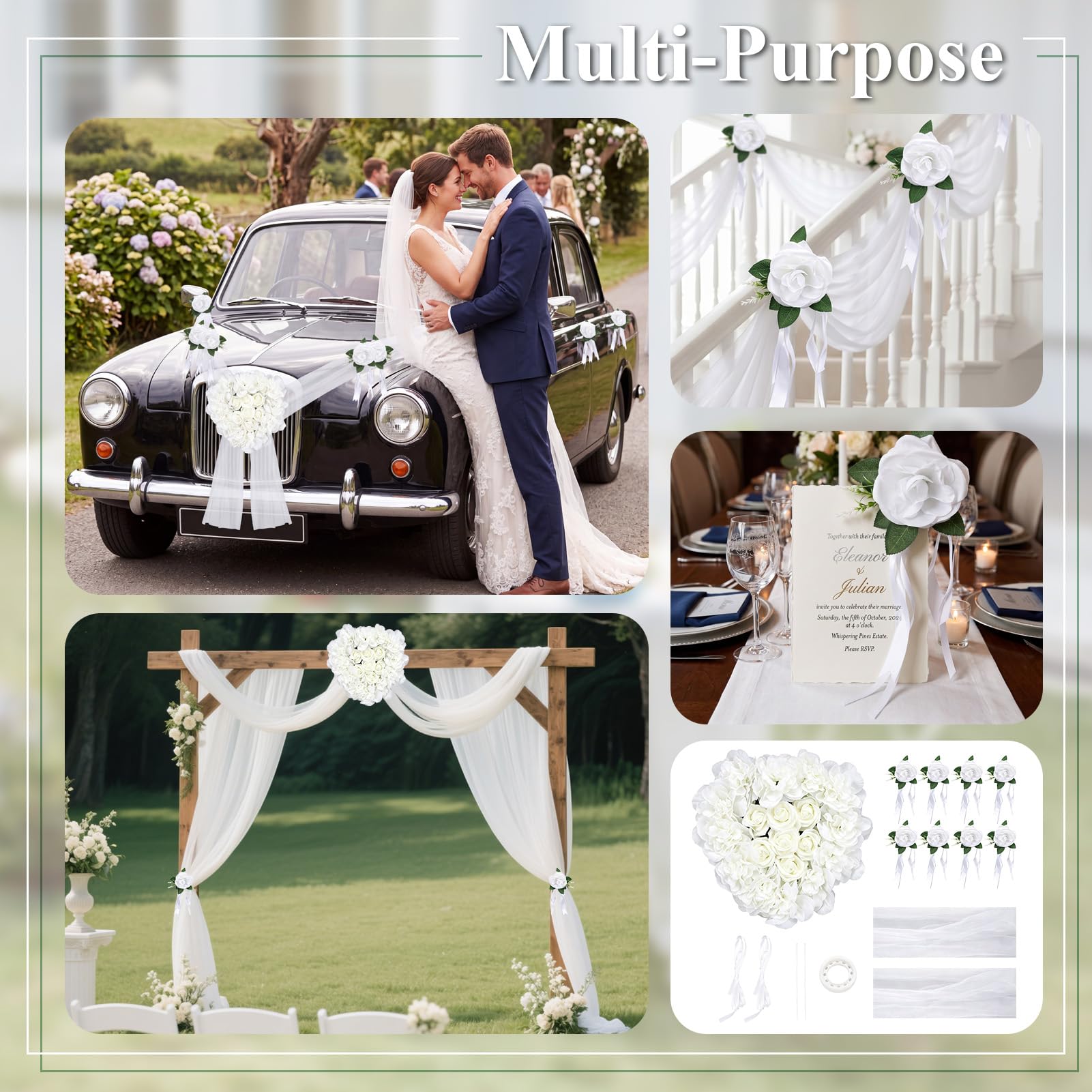 Yosoo Health Gear Décoration de Voiture de Mariage, Ensemble de Fleurs Artificielles, Guirlande de Ruban, Décoration pour Poignée de Porte de Capot (en Forme de Coeur)