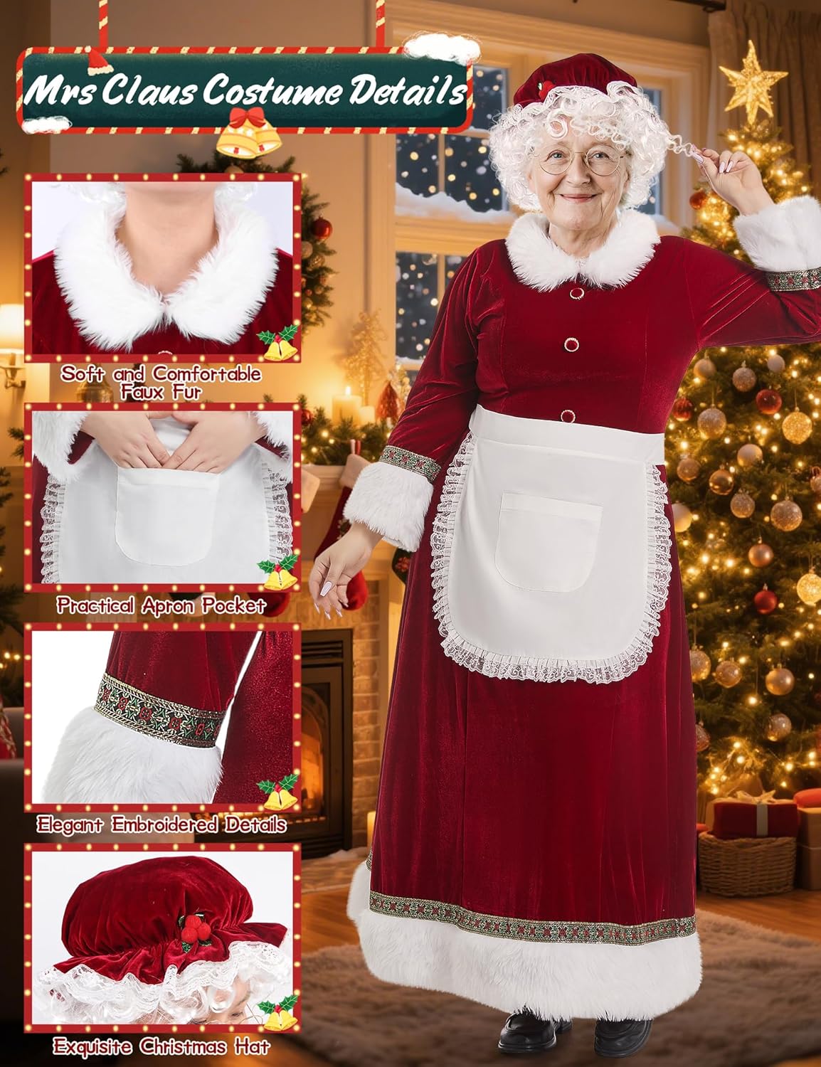 Mrs Claus Costume Adult Women Christmas Miss Santa Clause Dress 5PCS Velvet Deluxe Plus Size Cosplay Party Outfit