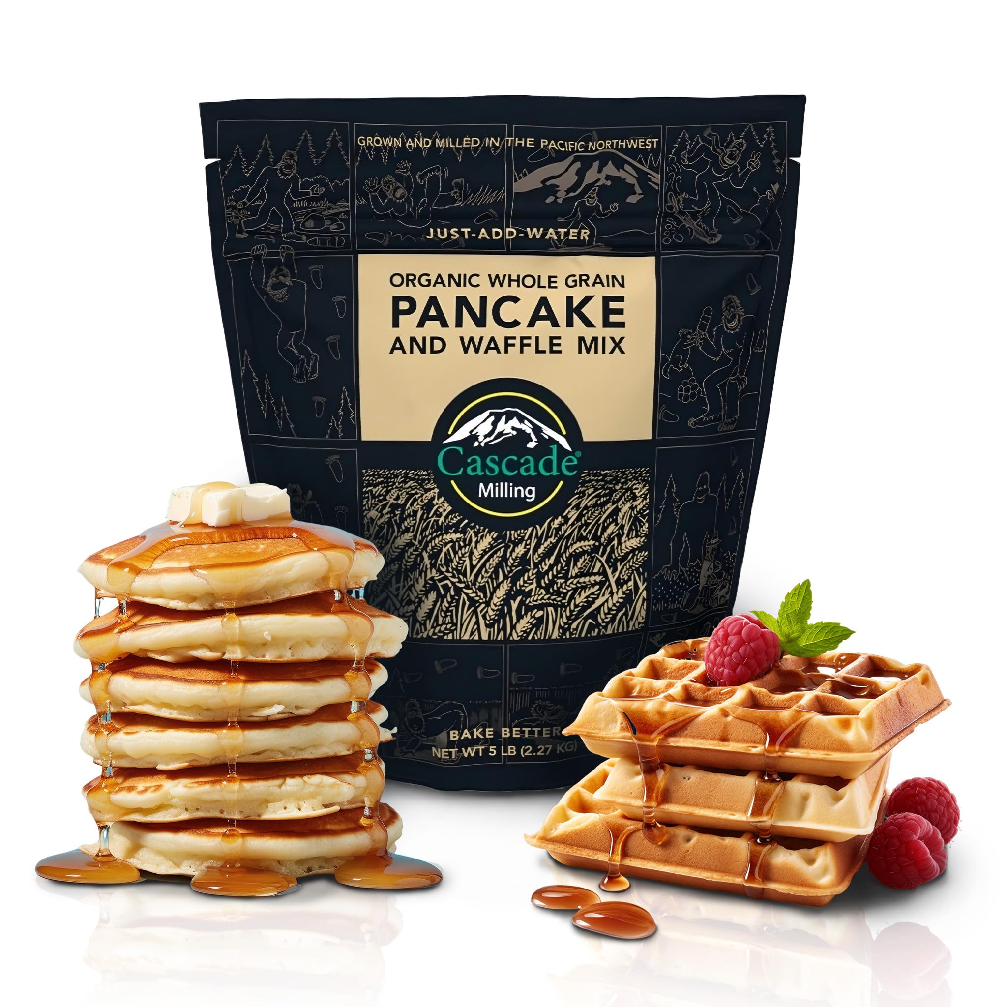 CASCADE MILLINGOrganic Whole Grain Pancake and Waffle Mix. Just Add Water. Makes 105 Pancakes. Resealable Bag. Pancake Mix For Adults & Kids. Non GMO, Kosher. 5 lb (Pack Of 1)