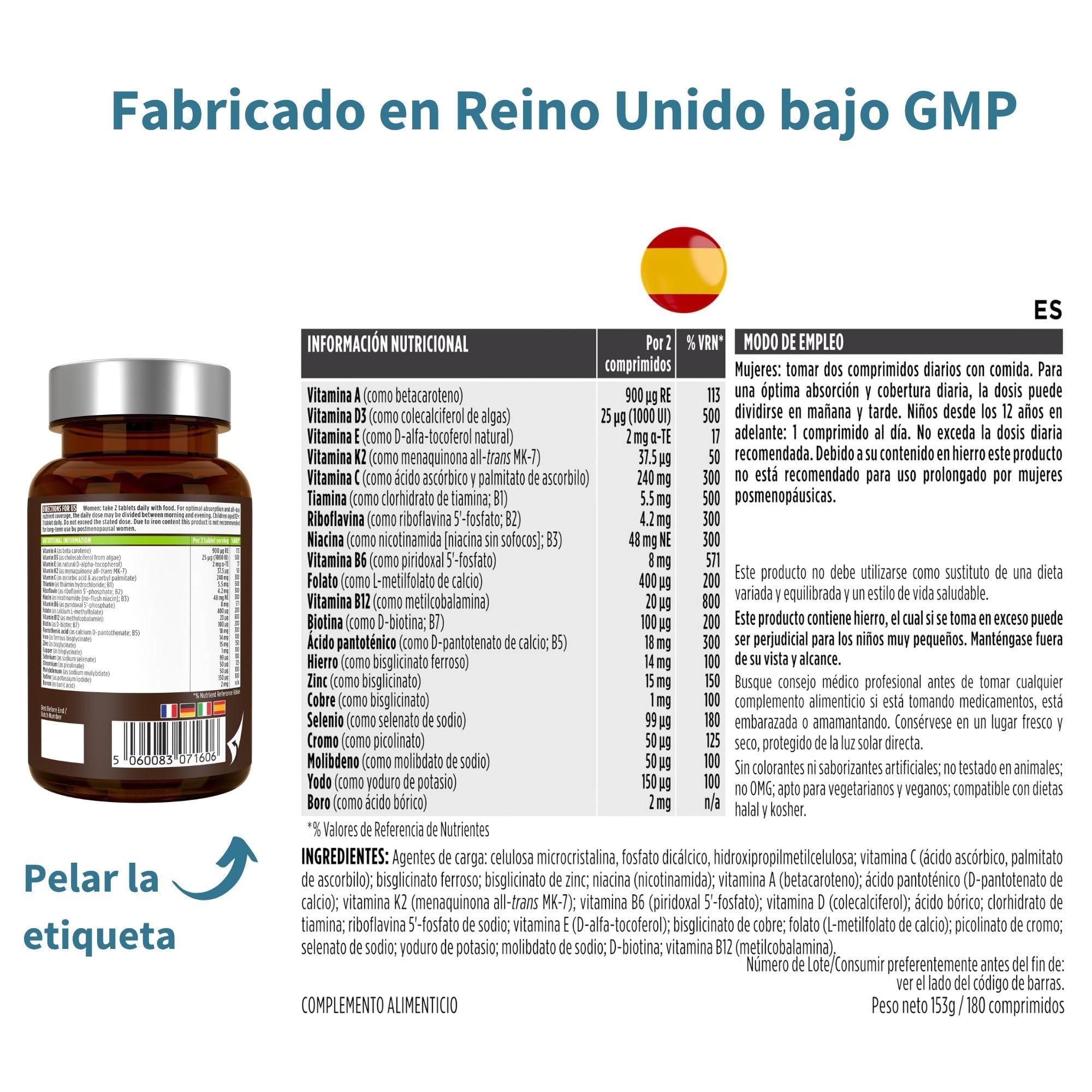 Igennus Multivitamínico Mujer con Hierro, 21 Nutrientes Activos, Puro y Limpio, Aporte de Nutrientes Durante todo el día, Vitaminas B de Alta Potencia, Fácil de Tragar, 180 compimidos Veganos,90 Dosis