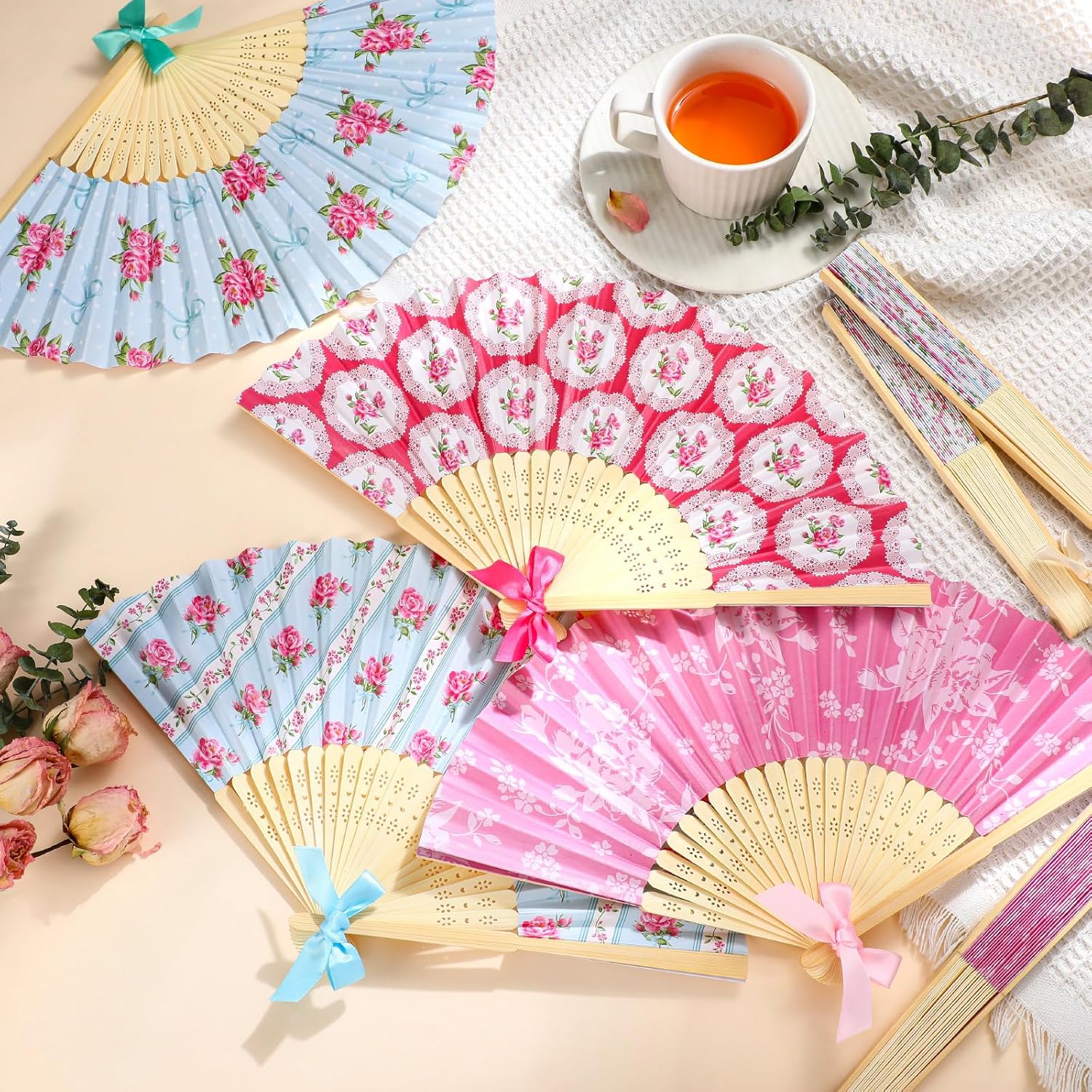 Roowest 36 Pcs Tea Party Favor Floral Hand Fans with Bamboo Handles - Retro Pattern Paper Handheld Folding Fans Bulk for Women Line Dancing Wedding Party