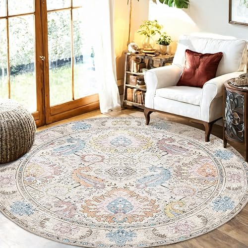 Boho 6ft Area Rugs Machine Washable Carpet Low Pile Non Shedding Doormat Soft Area Rugs for Living Room Bedroom Kitchen Dining Room Entryway Hallway Indoor-Cream/Multi