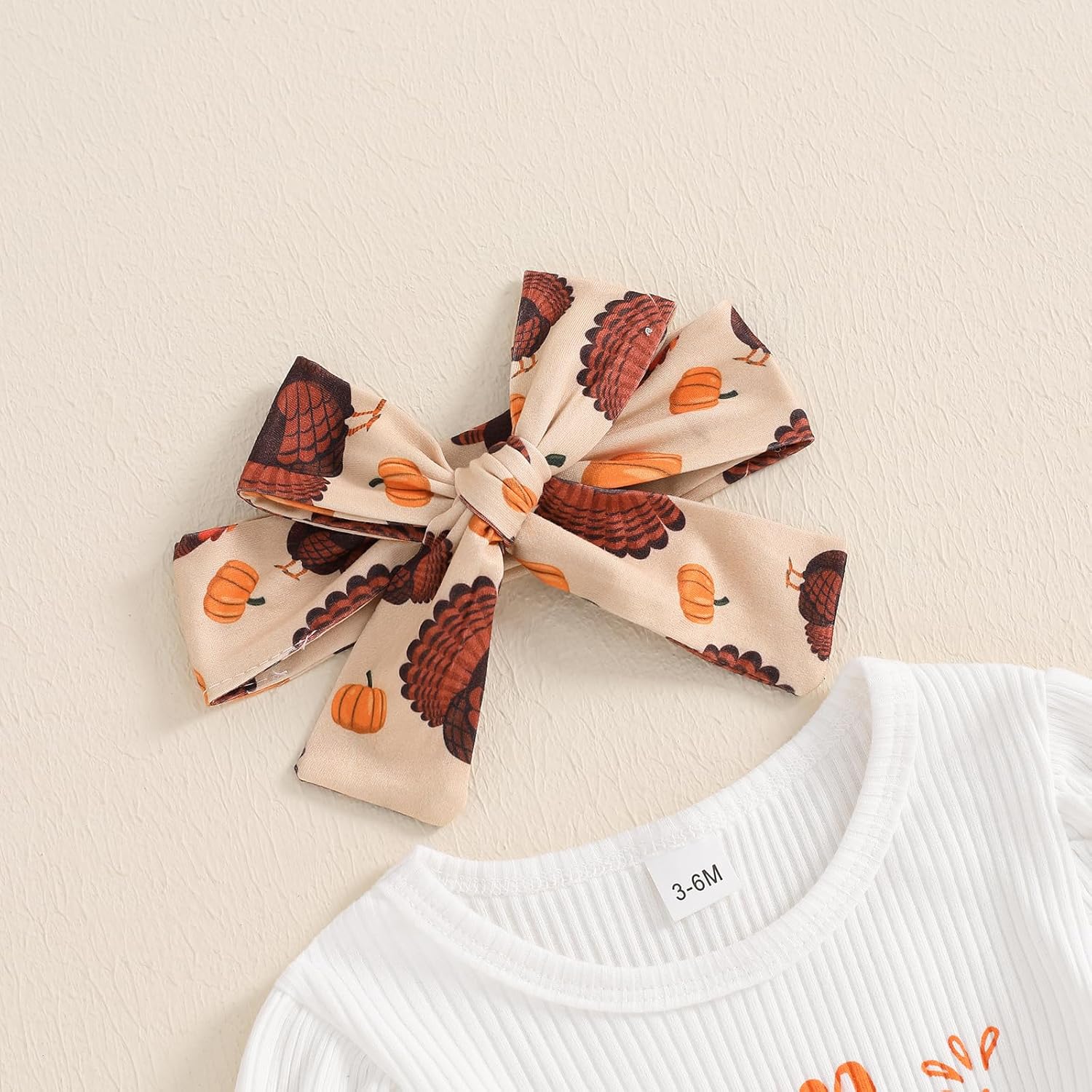 My First Thanksgiving Baby Girl Outfit Newborn Puff Long Sleeve Ribbed Knit Romper Turkey Flare Pants Headband Set - Image 4