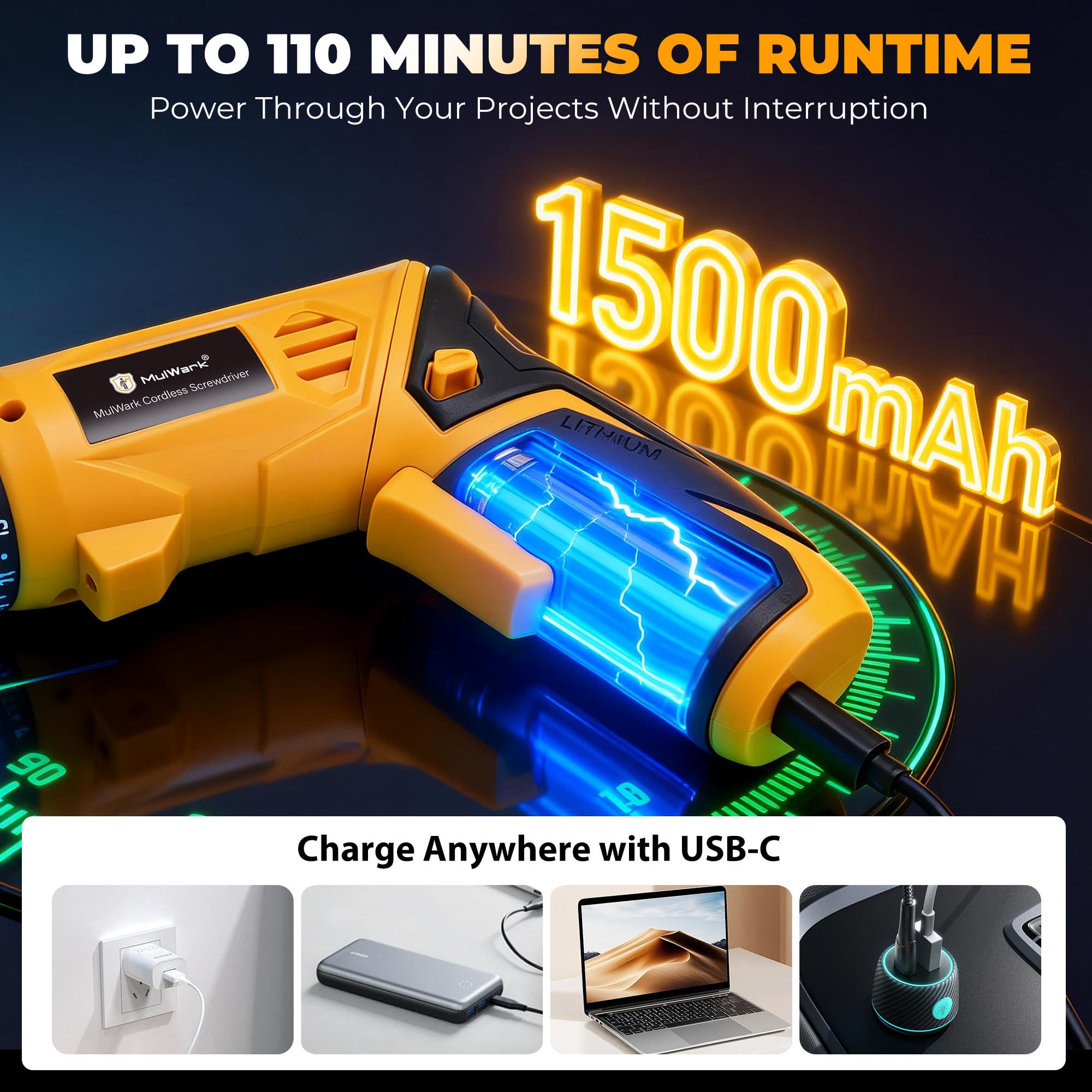 MulWark Cacciavite elettrico da 4 V, set di cacciaviti a batteria con 46 punte di precisione, design ricaricabile e leggero, manico rotante regolabile, luce LED integrata per progetti domestici e fai