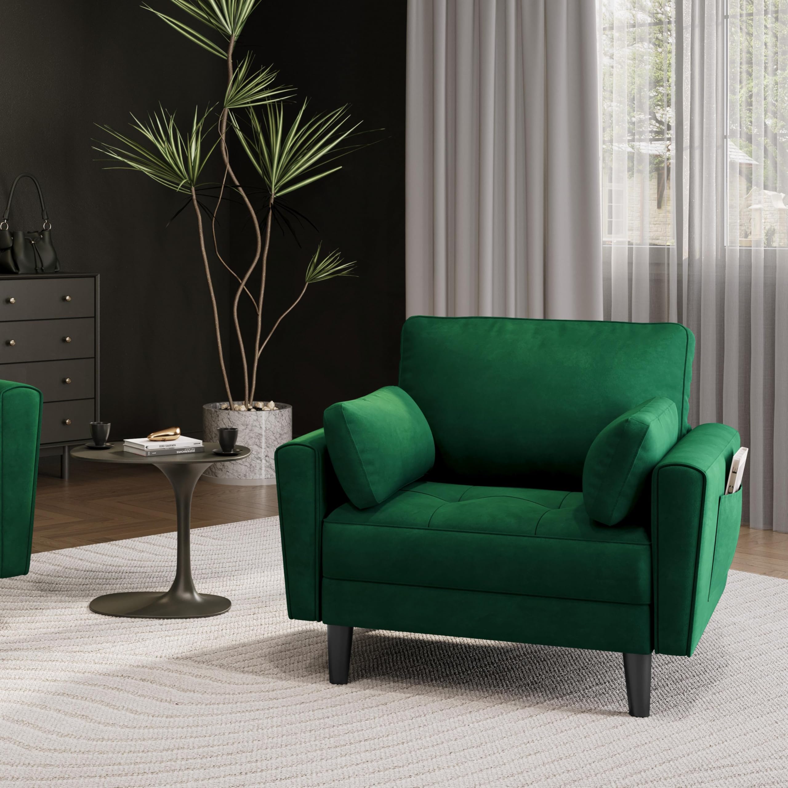 Divano Singolo Imbottito in Velluto con Cuscini Braccioli Divanetto moderno con 2 tasche laterali Struttura in Legno Poltrona a 1 Posto da Soggiorno Salotto Camera da Letto Lettura Verde