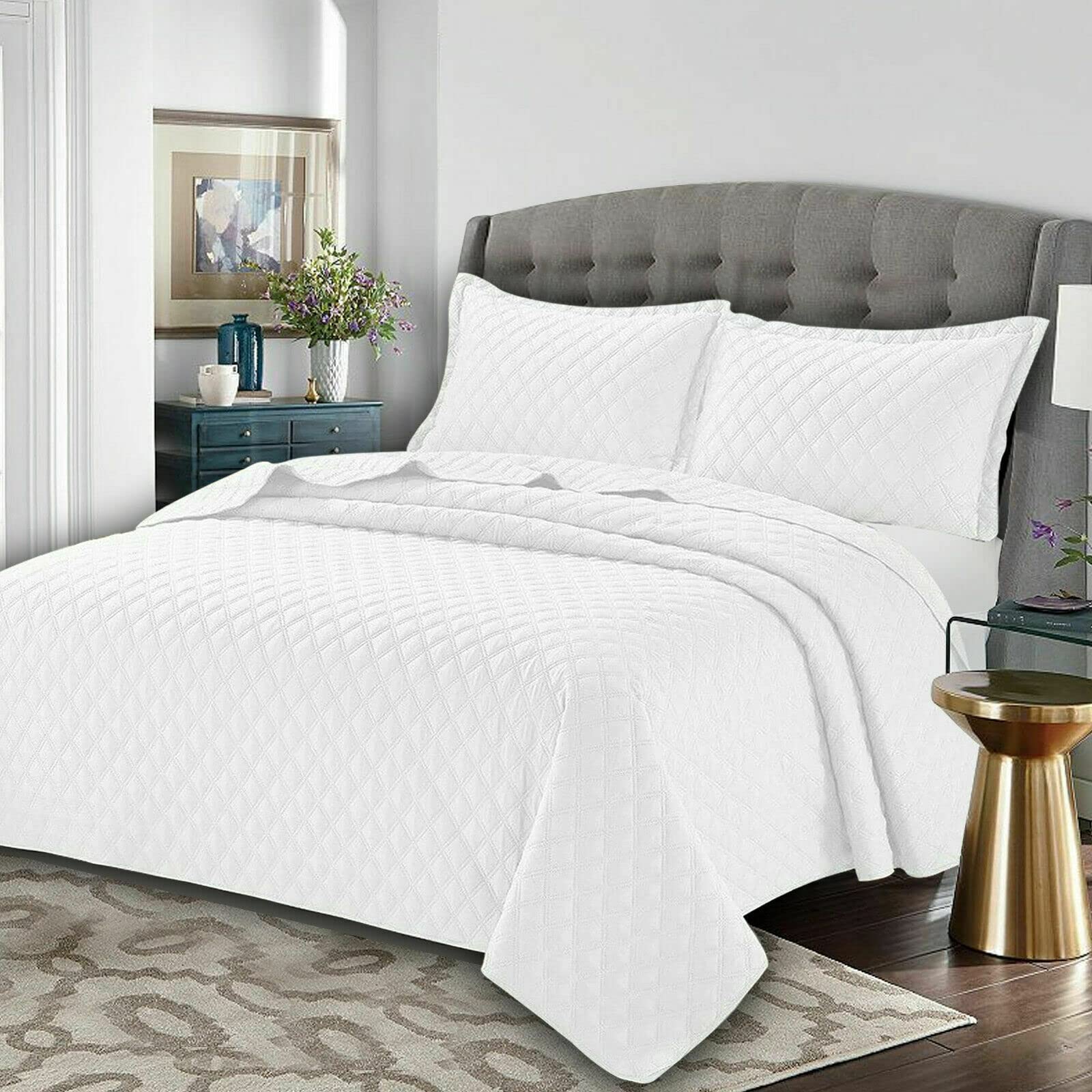 Best Linen Quilted Bedspreads Bed Throw 3 Pcs Embossed Coverlet Bedding Set Includes 1 Comforter & 2 Pillow Cases (Single, Inspiration White)