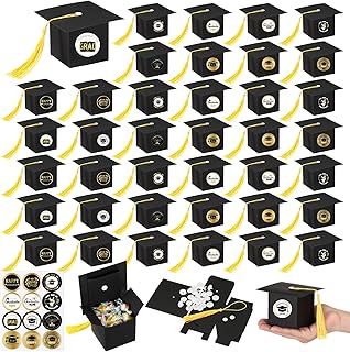 Sinmoe 36 Piezas Cajas de Regalo de Graduación en Forma de Birrete con Borlas Amarillas y 36 Pegatinas, Cajas de Dulces para Decoración de Graduación Ideal para Fiestas de Graduación ABI 2025