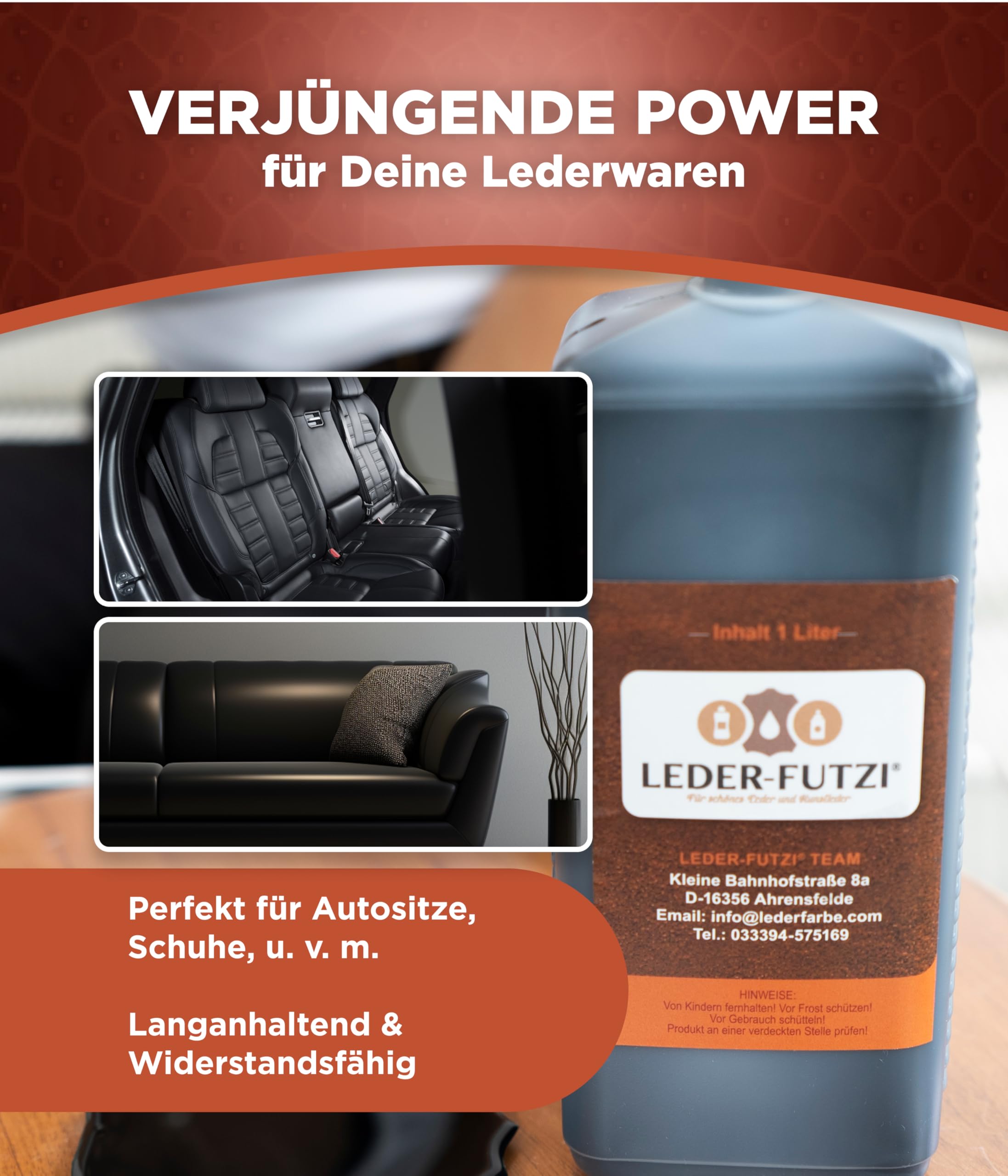 Lederfarbe Schwarz 1000 ml - Flexibel trocknend & bruchüberbrückend - Ideal zur Auffrischung von Glattleder - Made in Germany