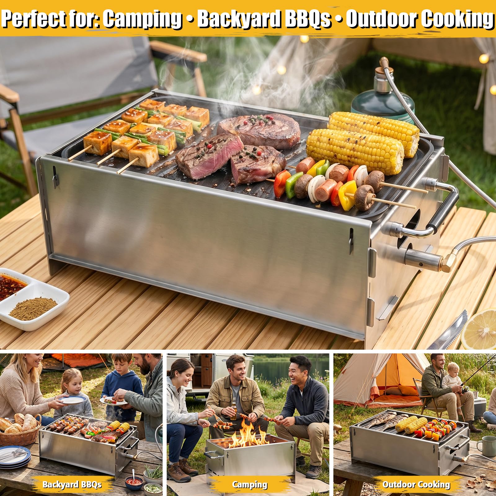 GFTIME Barbecue a gas portatile, da campeggio, funzionamento a gas e carbone, con piastra in ghisa, borsa per il trasporto, piccolo grill, perfetto per campeggio, giardino, balcone, esterno, griglia