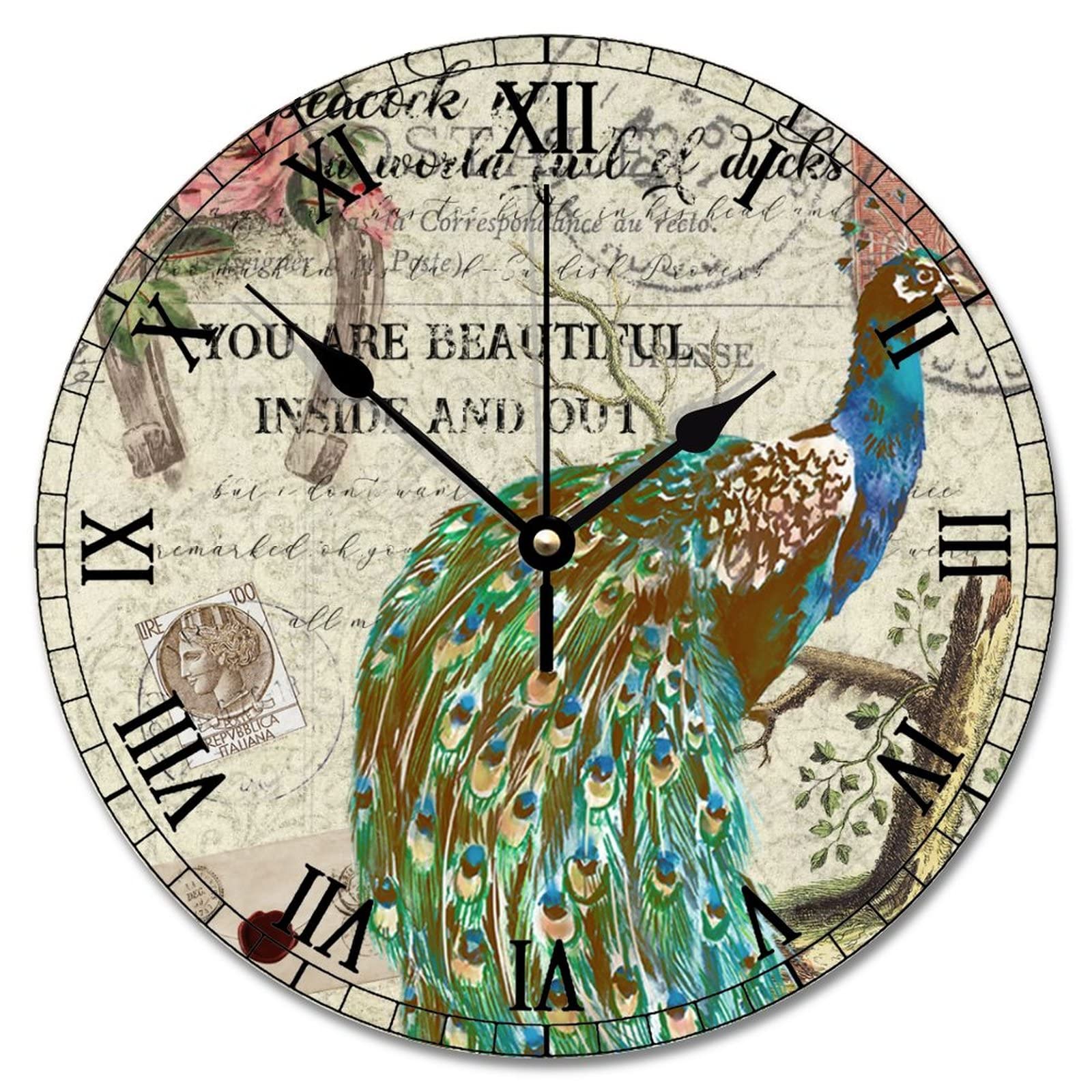 Horloge murale paon vintage en bois noble style français