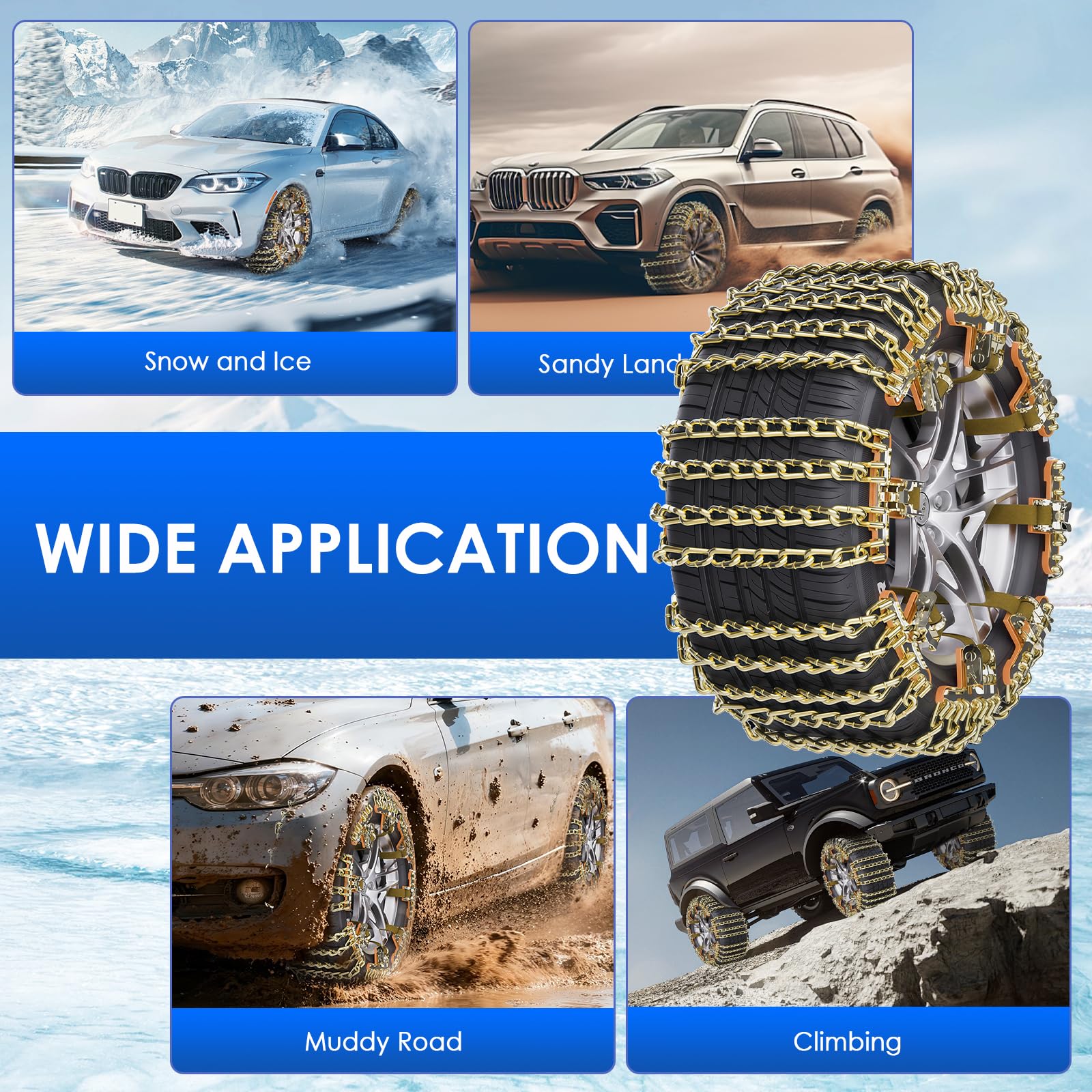 Ninonly Cadenas Coche 6Piezas Cadenas Nieve Universales Emergencia Antideslizantes para Vehículos Coches Furgonetas SUV Ancho 195-265 mm Para Barro, Arena, Nieve, Hielo