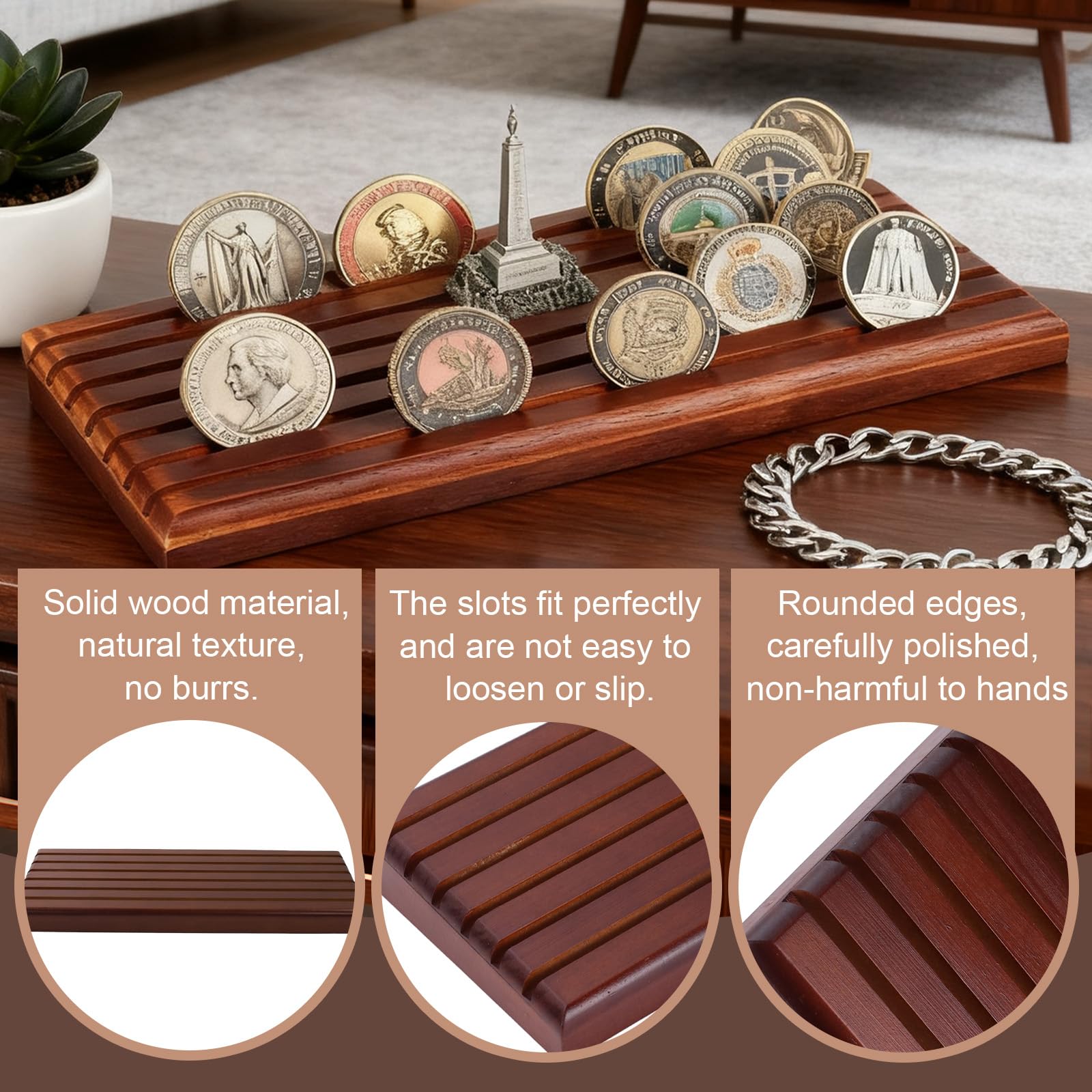 Espositore per monete in legno naturale – 6 slot per carte di credito per oltre 30 monete – Elegante porta monete da collezione per collezione di monete e cimeli – 33 × 13 × 3 cm, stabile contenitore