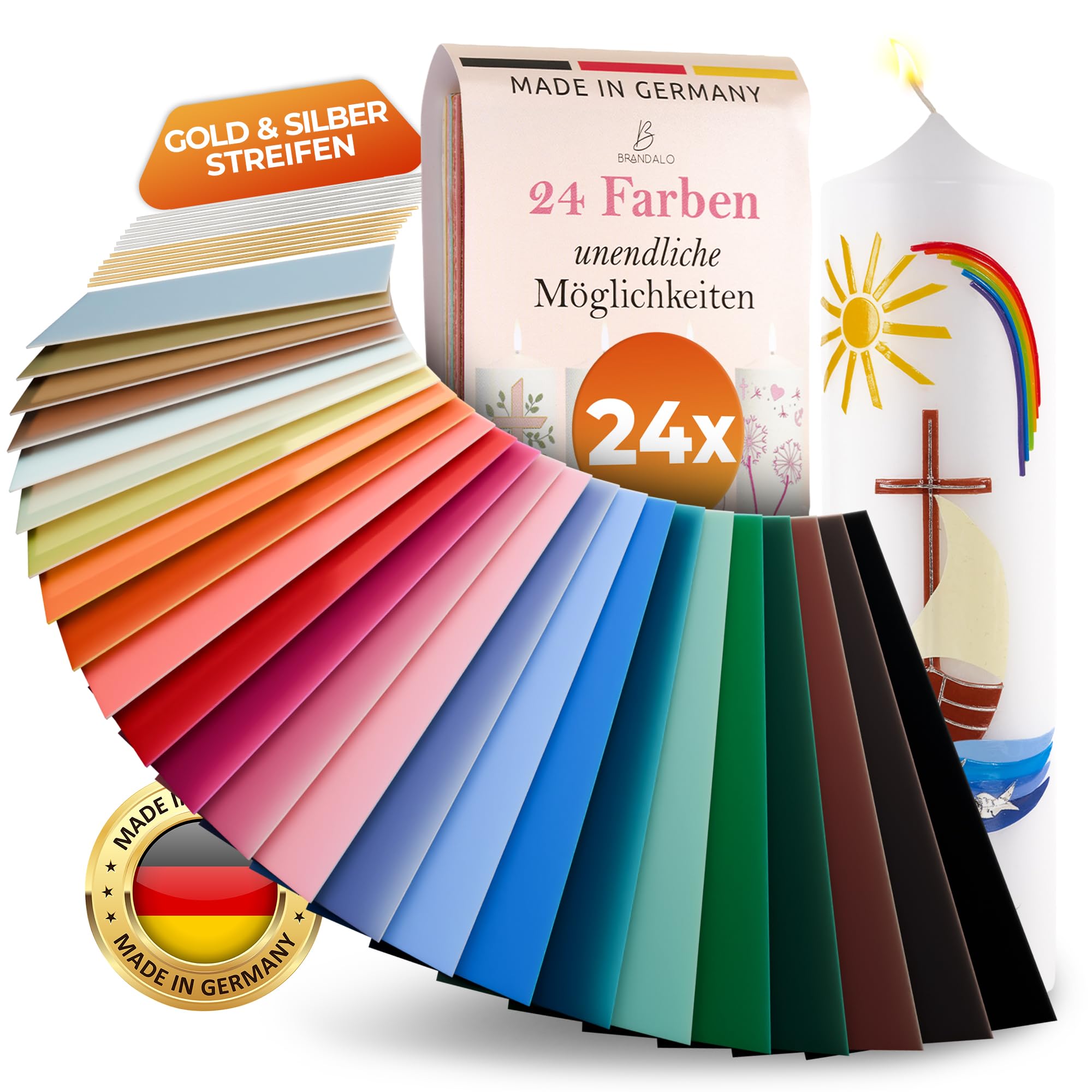 Brandalo® 24 Wachsplatten für Kerzen 135x60mm inkl. 12 Wachsstreifen für Kerzen - Wachsplatten zum Kerzen verzieren - Kerzen gestalten Kerzen dekorieren Kerzen wachsplatten Verzierwachs für Kerzen