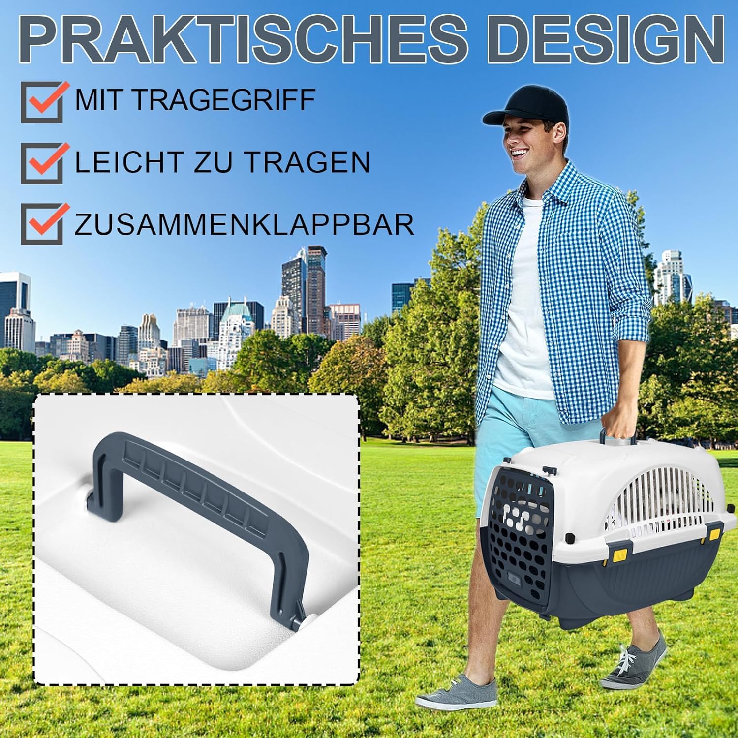 Boîte de transport pour chat - En plastique - Avec gamelle - Jusqu'à 10 kg - 61 x 37 x 37 cm - Gris