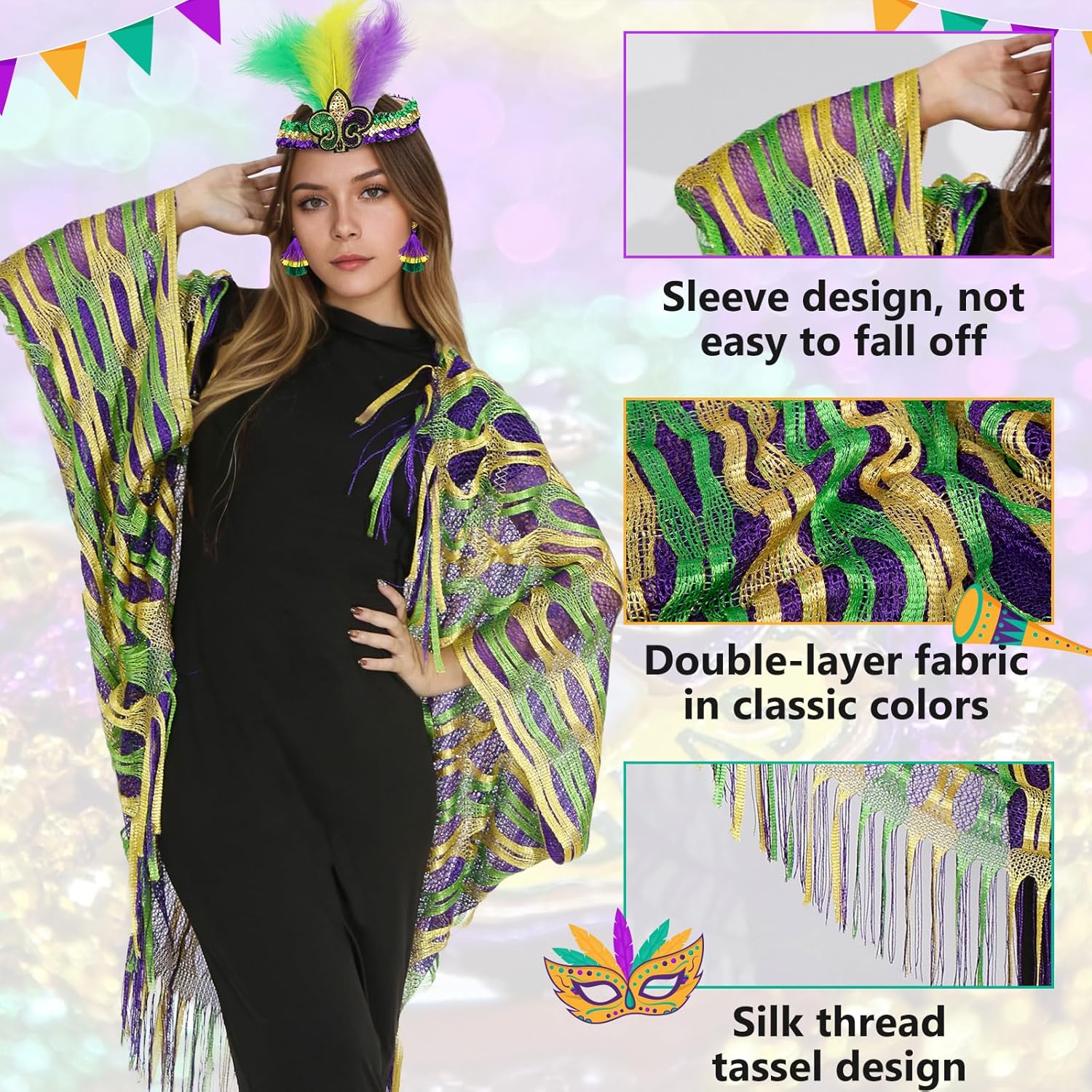 Aitsite 4Pcs Mardi Gras Outfit for Women,Shawl Scarf with Mardi Gras Accessories Including Mask Feather Headband Earrings - Image 4