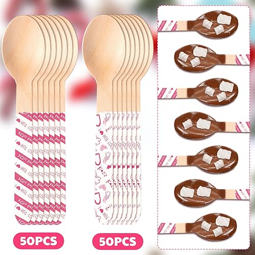 Miniatura 3 de Eaasty 100 Pcs Valentine's Day Wooden Hot Chocolate Spoons Hot Cocoa Marshmallow Romantic Wooden Bar Stirring Spoons Valentine's Day Heart Pattern