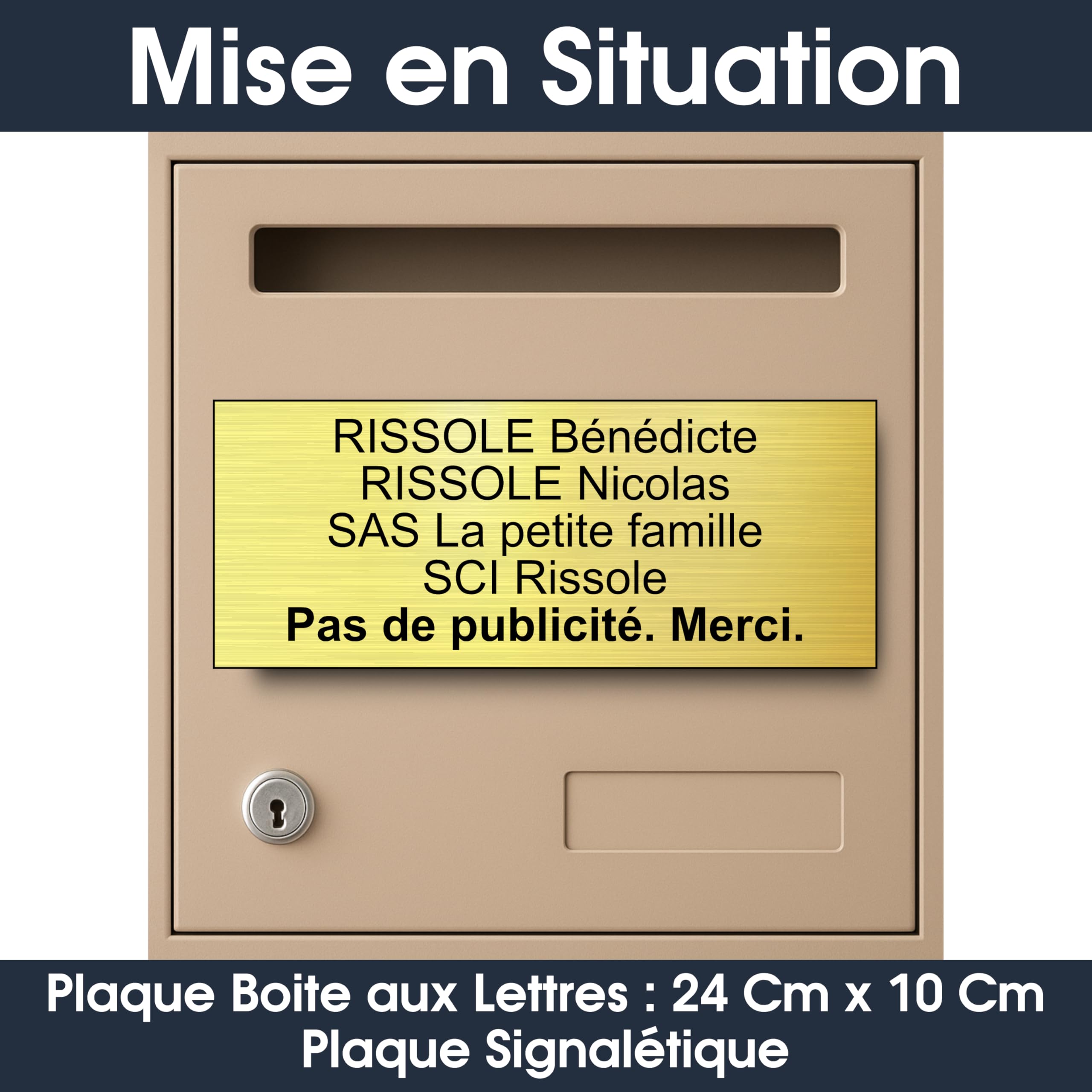 Plaque Boite Aux Lettres Personnalisable - 24x10 cm - 1 à 6 Lignes - Signaletique Personnalisée Gravée Grand Format - Étiquette Avec Nom Adhésive - Porte - Maison - Mur - Bureau (Or Radial)