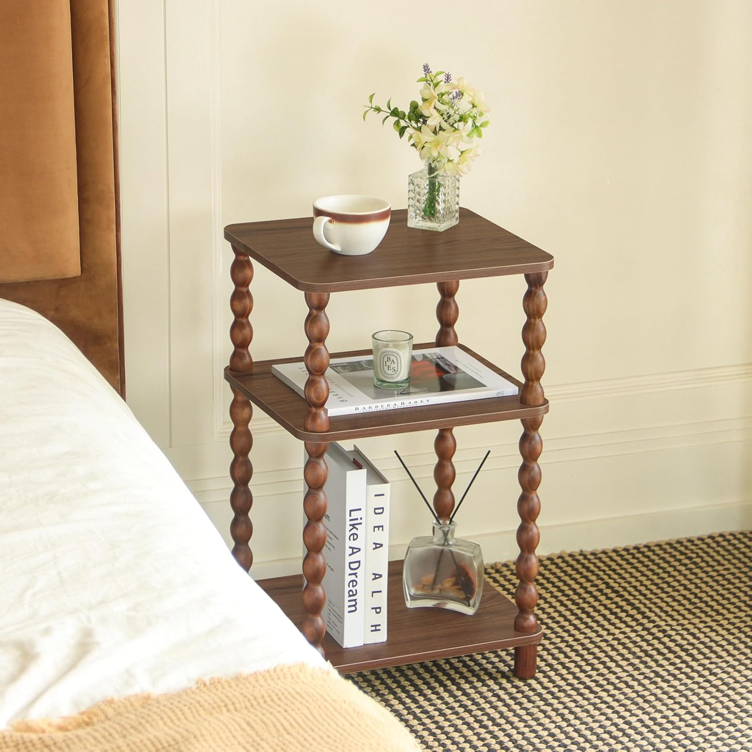 Fultyle Small Side Table, 3-Tier End Table Living Room with Storage, Wood Accent Table Bedside Table for Bedroom, Office and Small Spaces (Walnut Brown)