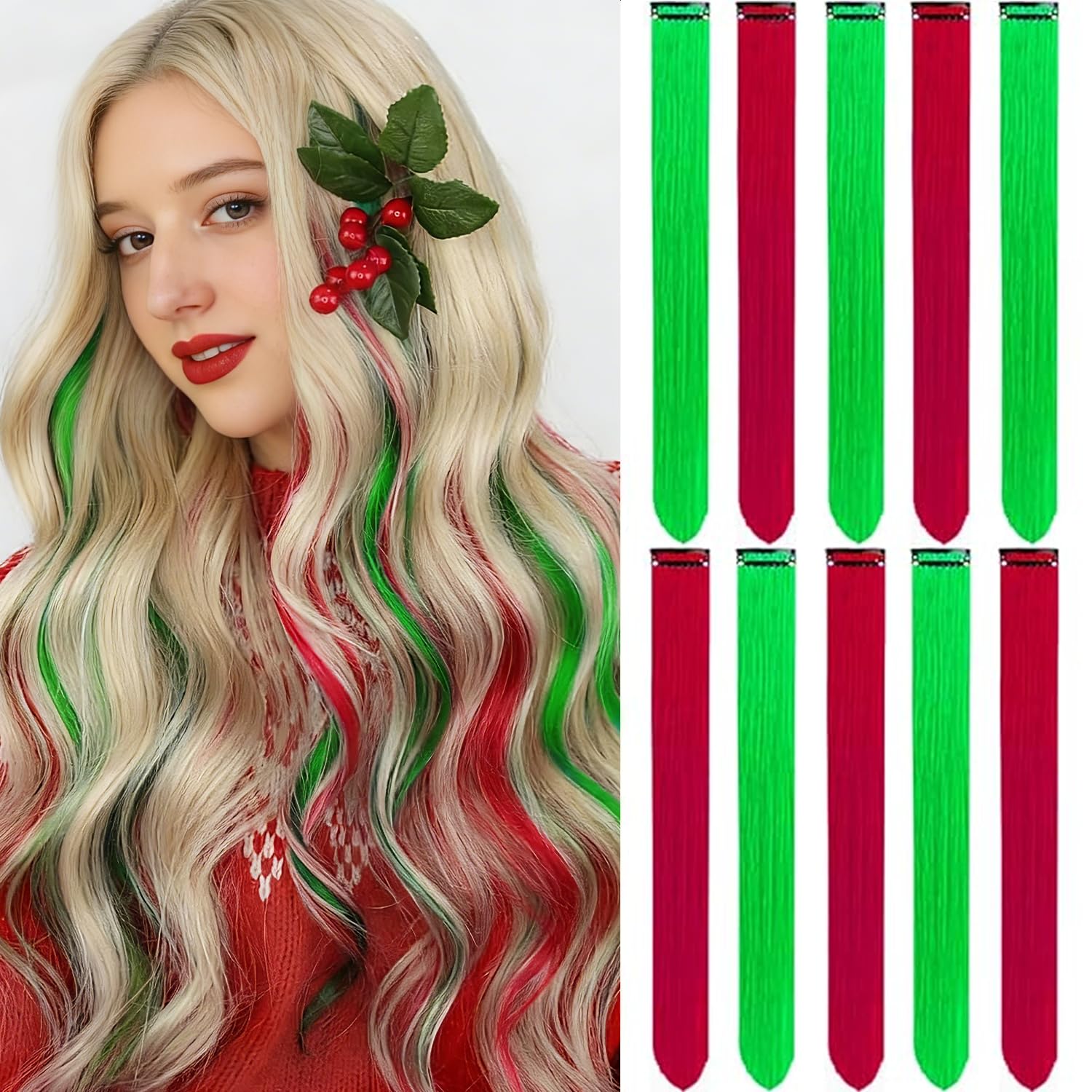 LADYAMZ Colored Hair Extensions 10 PCS, Colorful Party Highlights Clip in Long Synthetic Hairpieces, Red and Green Hair Extensions for Girls Women