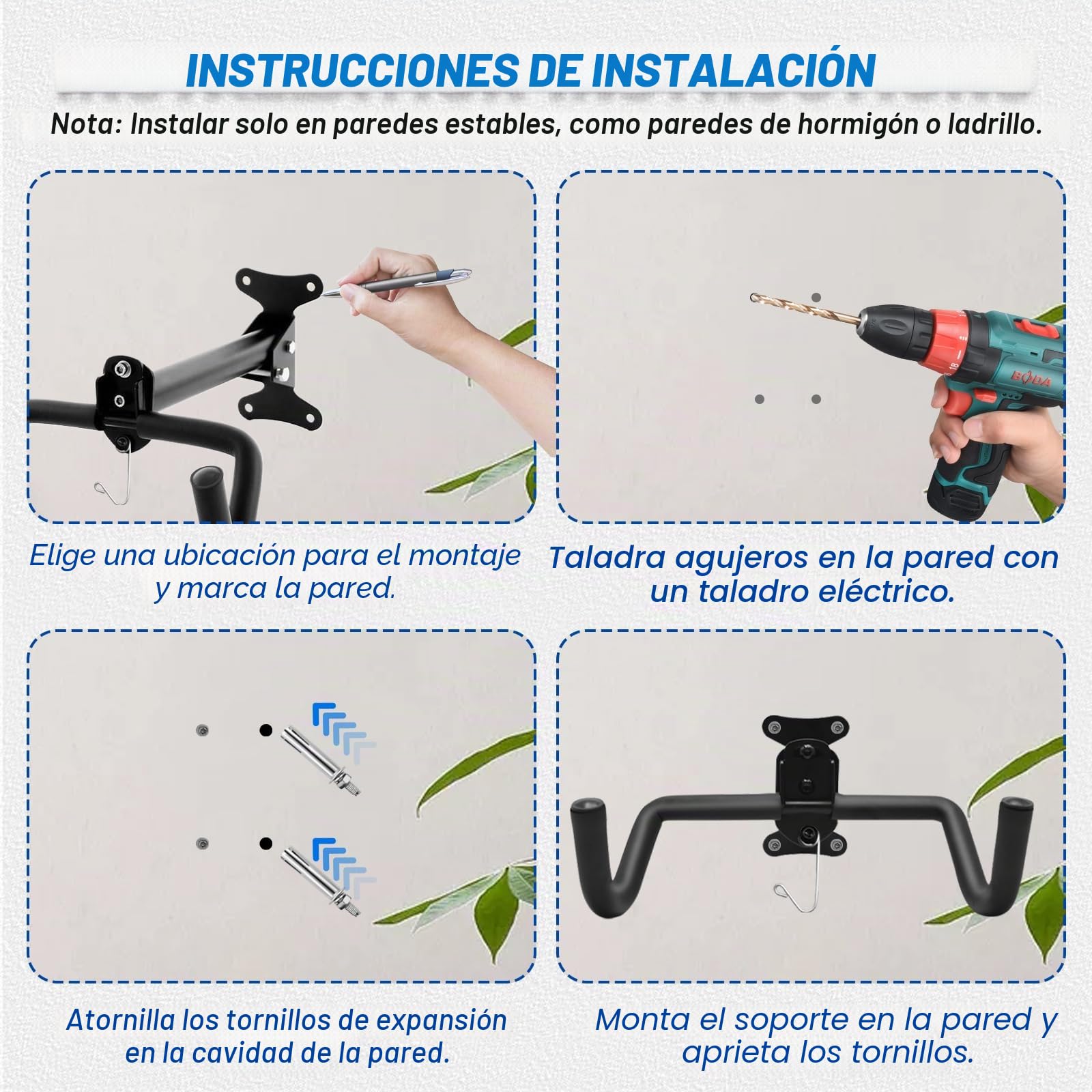 Soporte de Pared para Bicicleta, Plegable Colgador Bicicleta Pared con Gancho para Casco, Espuma Acolchada Capacidad de 30Kg Distancia Ajustables Colgar Bicicletas Pared para Garaje, Interior
