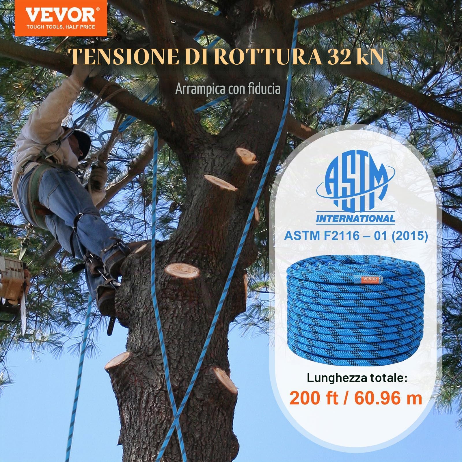 VEVOR Corda Statica da Arrampicata 12,7 mm, Corda da Arrampicata all'Aperto 60,9 m, Tensione alla Rottura 30 Kn, Cordo in Fibra con Moschettone in Acciaio per Fuga, Discesa in Cordo Doppia Blu