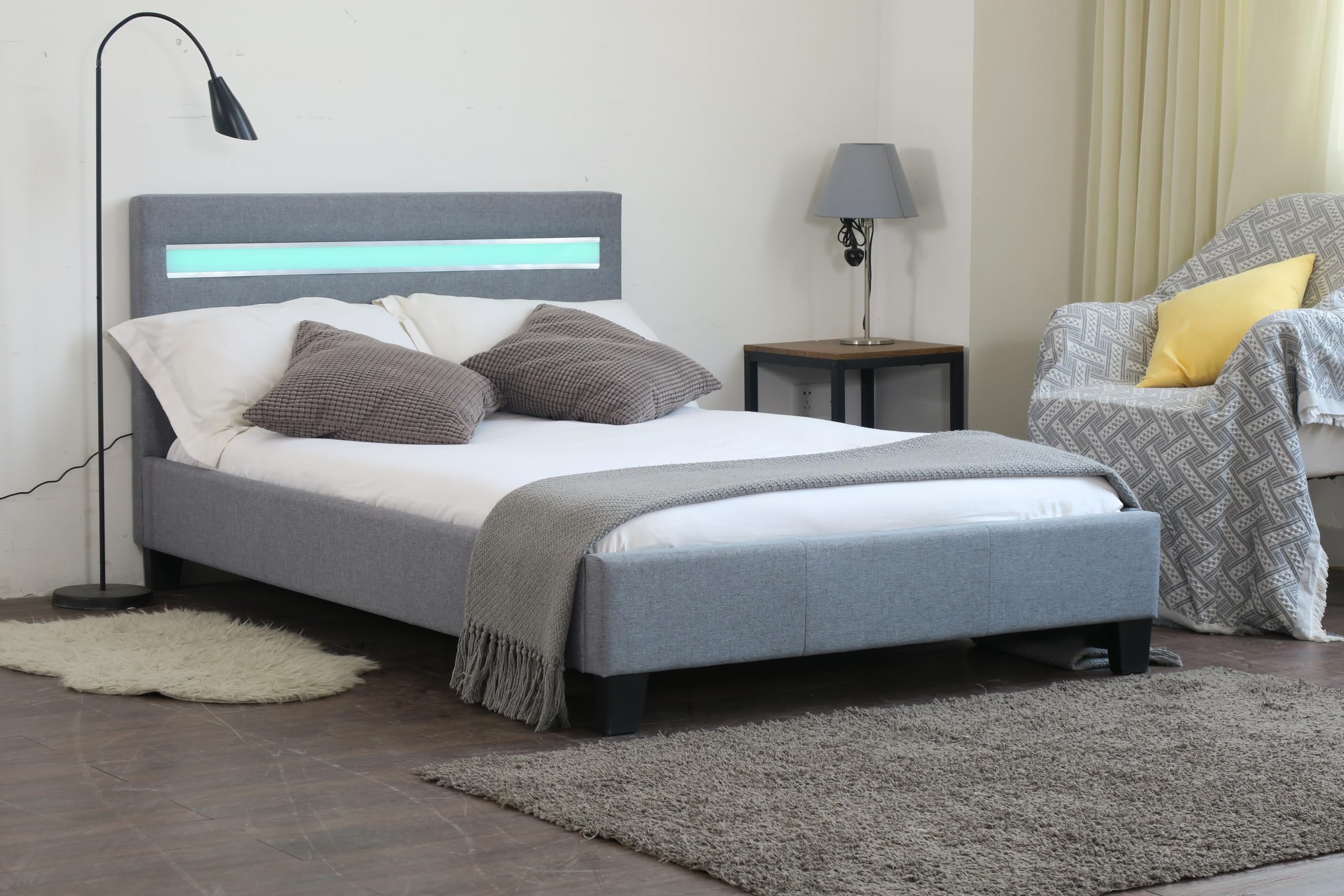 Comfy Living LED Fabric Modern Bed Frame Light Grey 3ft 4ft 4ft6 5ft (Small Double)