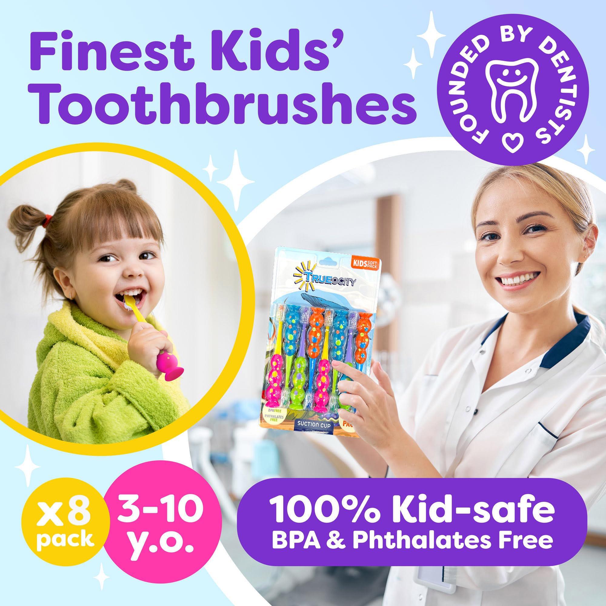 Trueocity Paquete de 8 cepillos de dientes para niños, cerdas suaves contorneadas, cabezales de cepillo de tamaño infantil (3 a 10 años), ventosa para un almacenamiento divertido y fácil, juego para