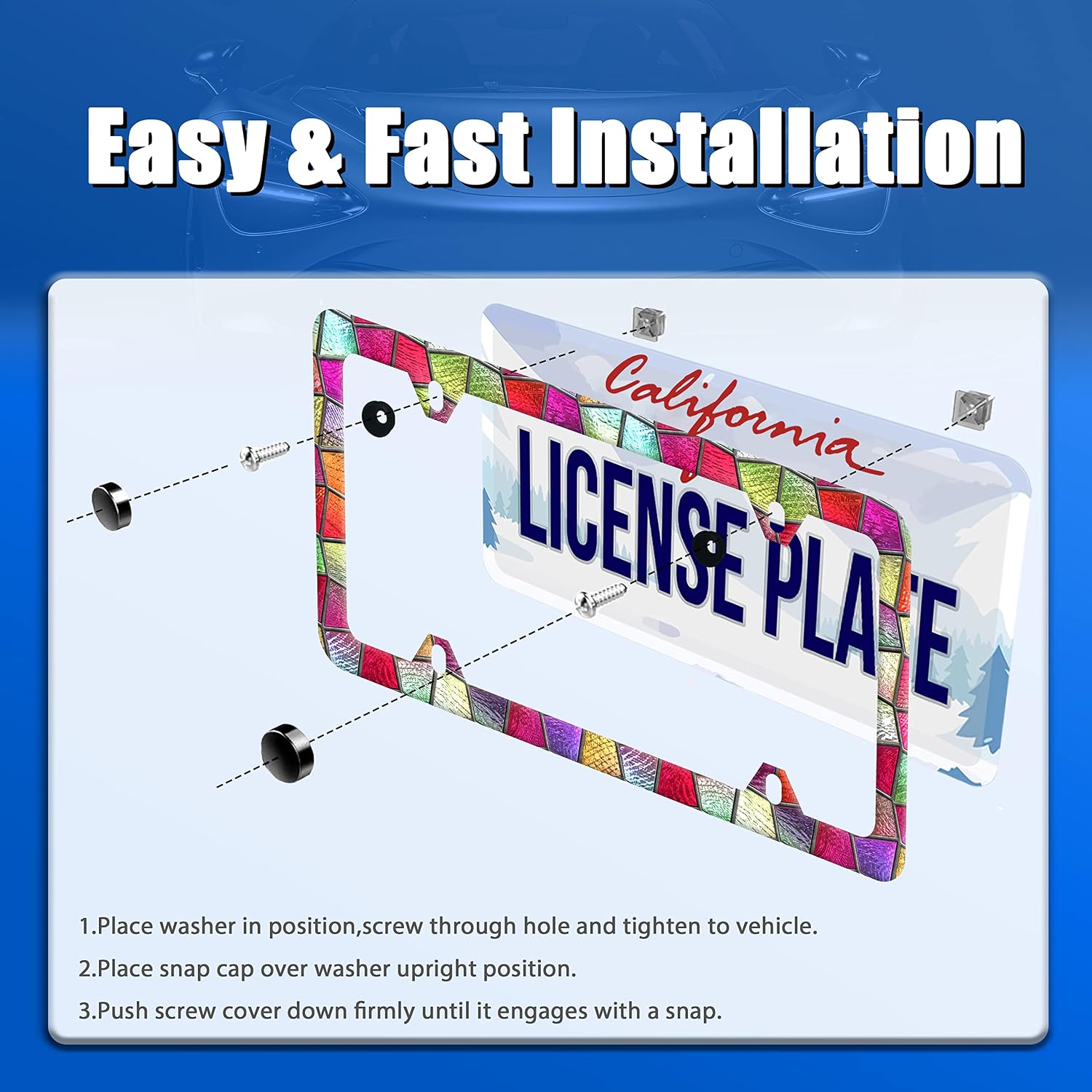 Pretty Glass License Plate Frame Stainless Steel Accessory 12.3x6.3 Inch image 3