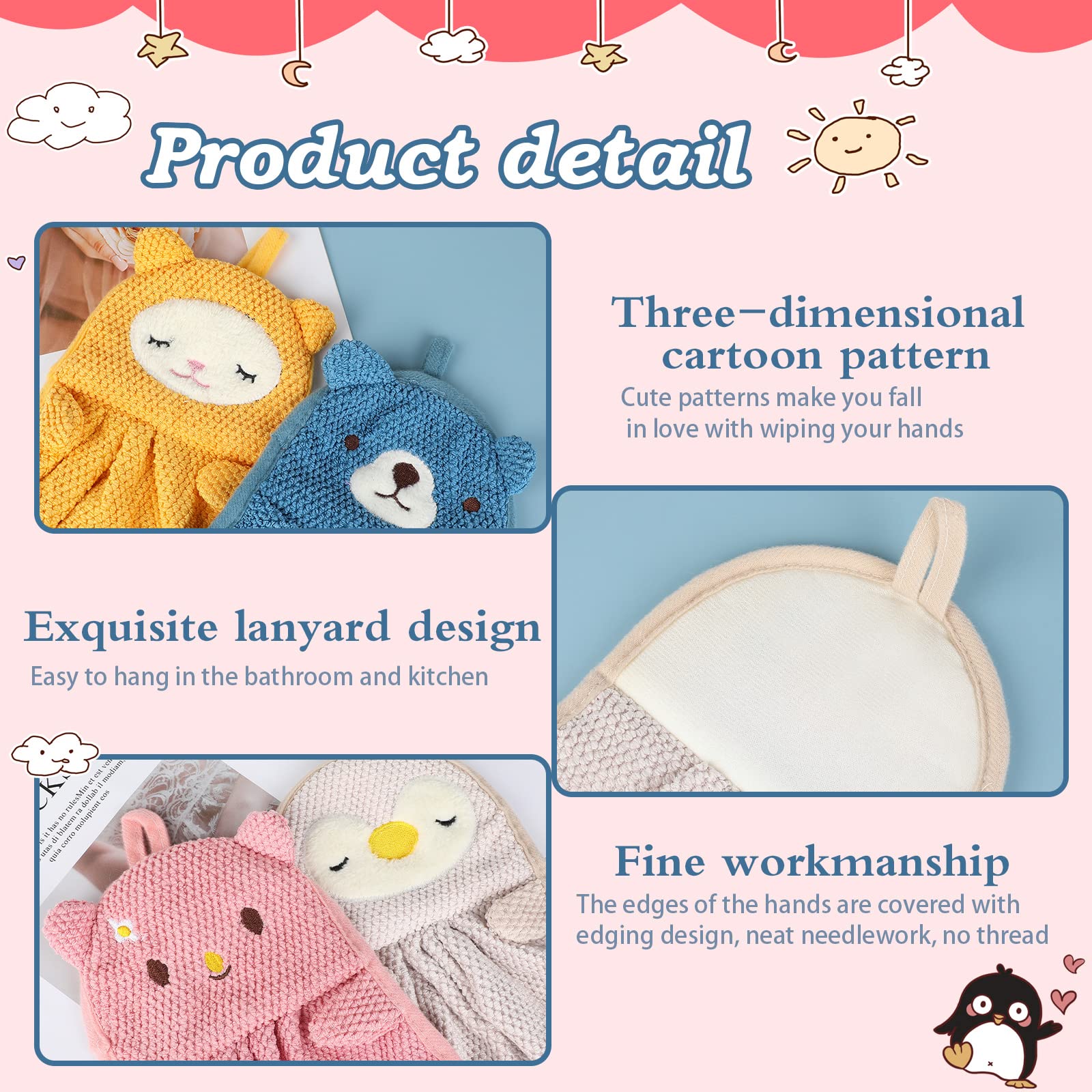4 Toallas de Mano para Niños Toallita de Animal Lindo Toallas Absorbentes de Microfibra Toallas Faciales de Secado Rápido con Bucle Colgante para Cocinas y Baños