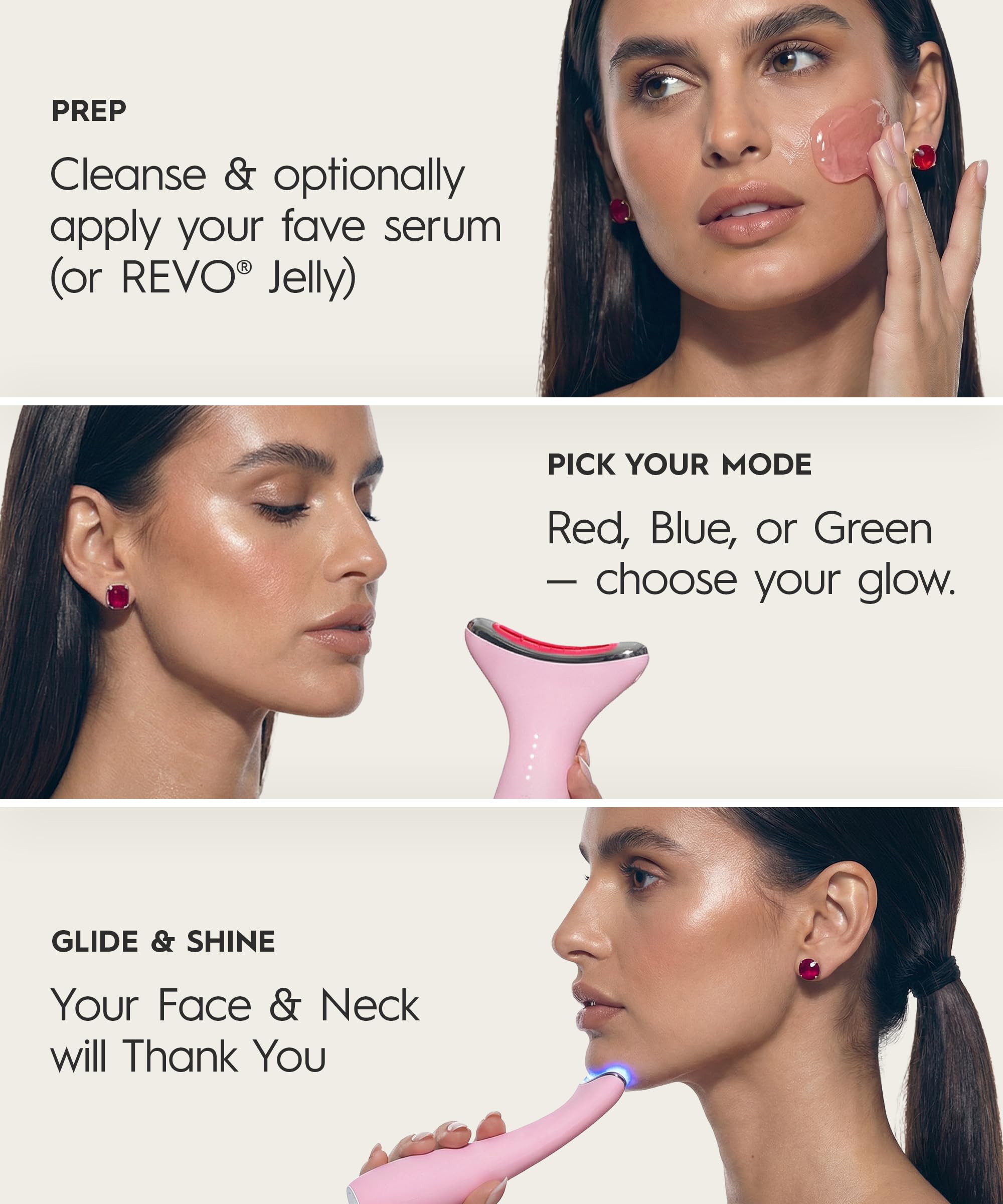 REVO Genie | 3-in-1 Face & Neck Beauty Massager with Heat, 3 Light Therapies, Smart Vibration | Red Light, Blue Light, Green Light Therapy for Smooth Glowing Skin - Pink Pearl