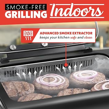 Gourmia Smokeless Indoor Grill - Air Fryer Combo with Smoke Extractor, 5 Cooking Presets, Grill, Air Fry, Roast, Bake, Dehydrate, Countertop Cooker, Glass Lid