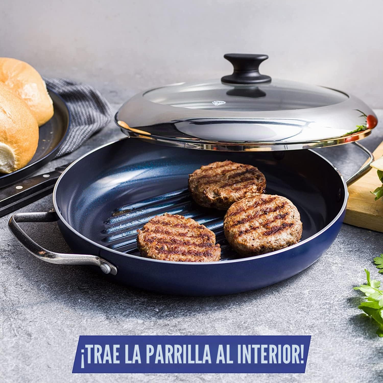 Blue Diamond Cookware Sartén Grill Cerámica Antiadherente Infusionada con Diamante de 28 cm con Tapa de Cristal, Sin PFAS, Para Asar, Barbacoa, Apta para Horno, Azul