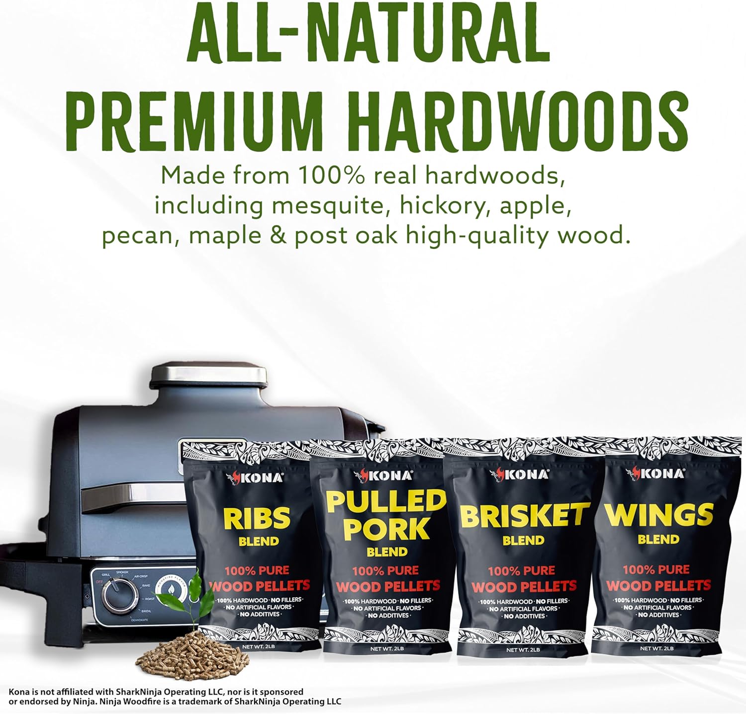 Kona Wood Pellets Brisket, Ribs, Wings,and Pulled Pork Blend Variety Pack, Intended for Ninja Woodfire Outdoor Grill, Wood Fire Oven, 4, 2lb Resealable Bags