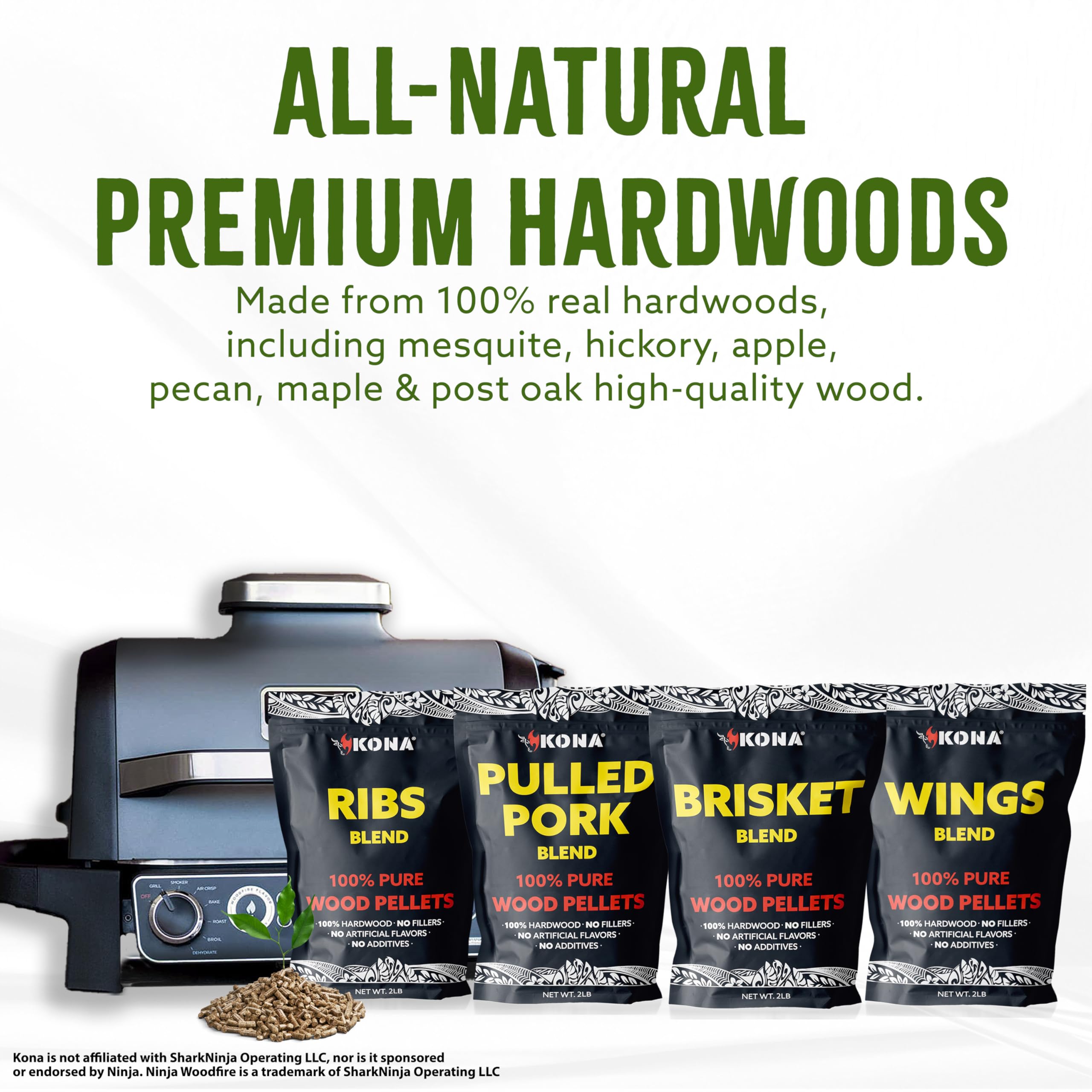 Kona Lot de 4 sacs refermables de 0,9 kg pour poitrine de granulés de bois, côtes, ailes et mélange de porc effiloché pour barbecue en plein air Ninja Woodfire