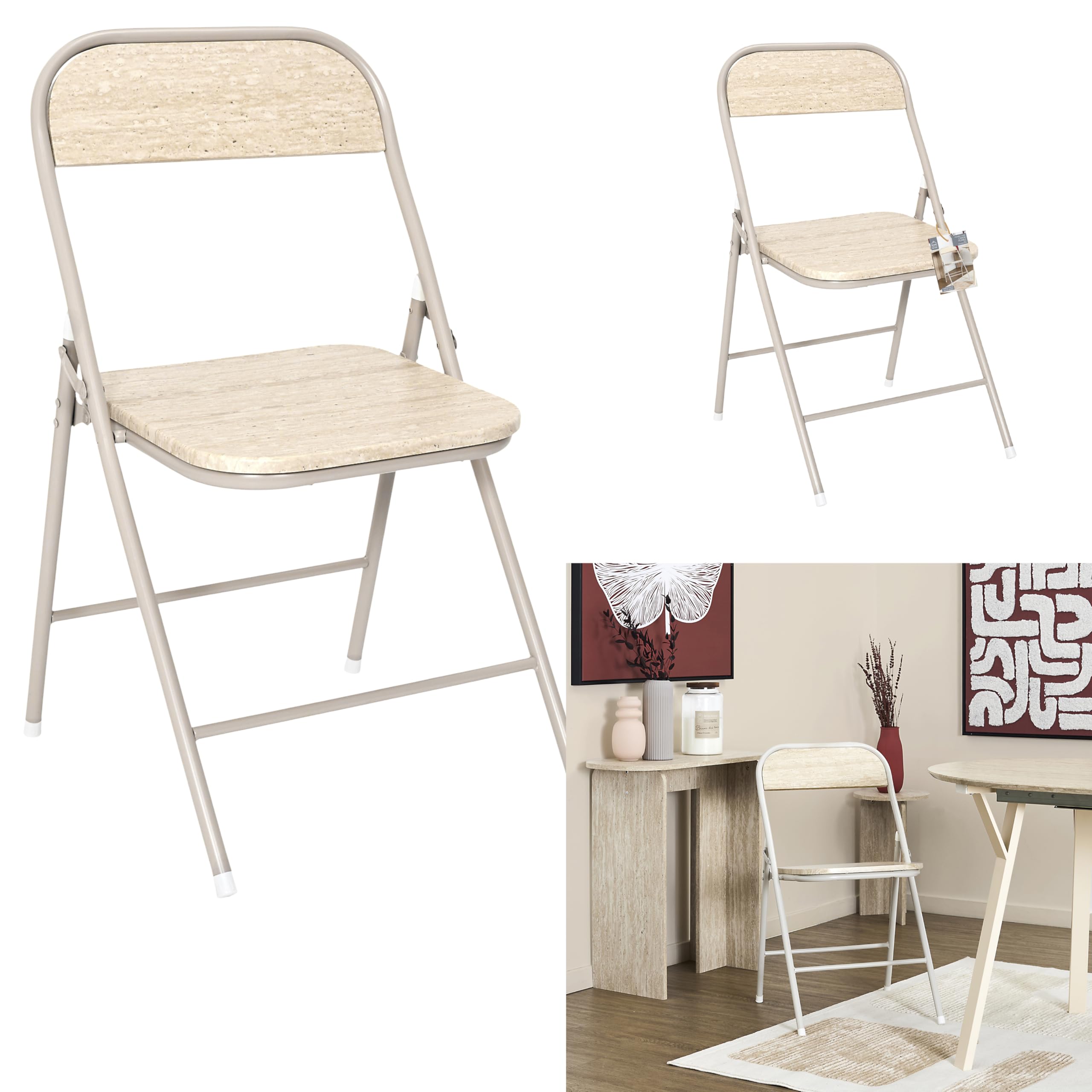 HOME DECO FACTORY - HD7753 - Chaise Pliante Terra Nova - Structure en Métal Clair - Assise et Dossier en Bois - Design Moderne et Compact - Idéale pour Salon - Salle à Manger ou Bureau - Beige