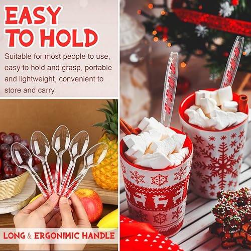 Miniatura 3 de Paquete de 100 cucharas desechables de plástico transparente de Navidad de 6 pulgadas con patrón de rayas rojas, utensilios transparentes para