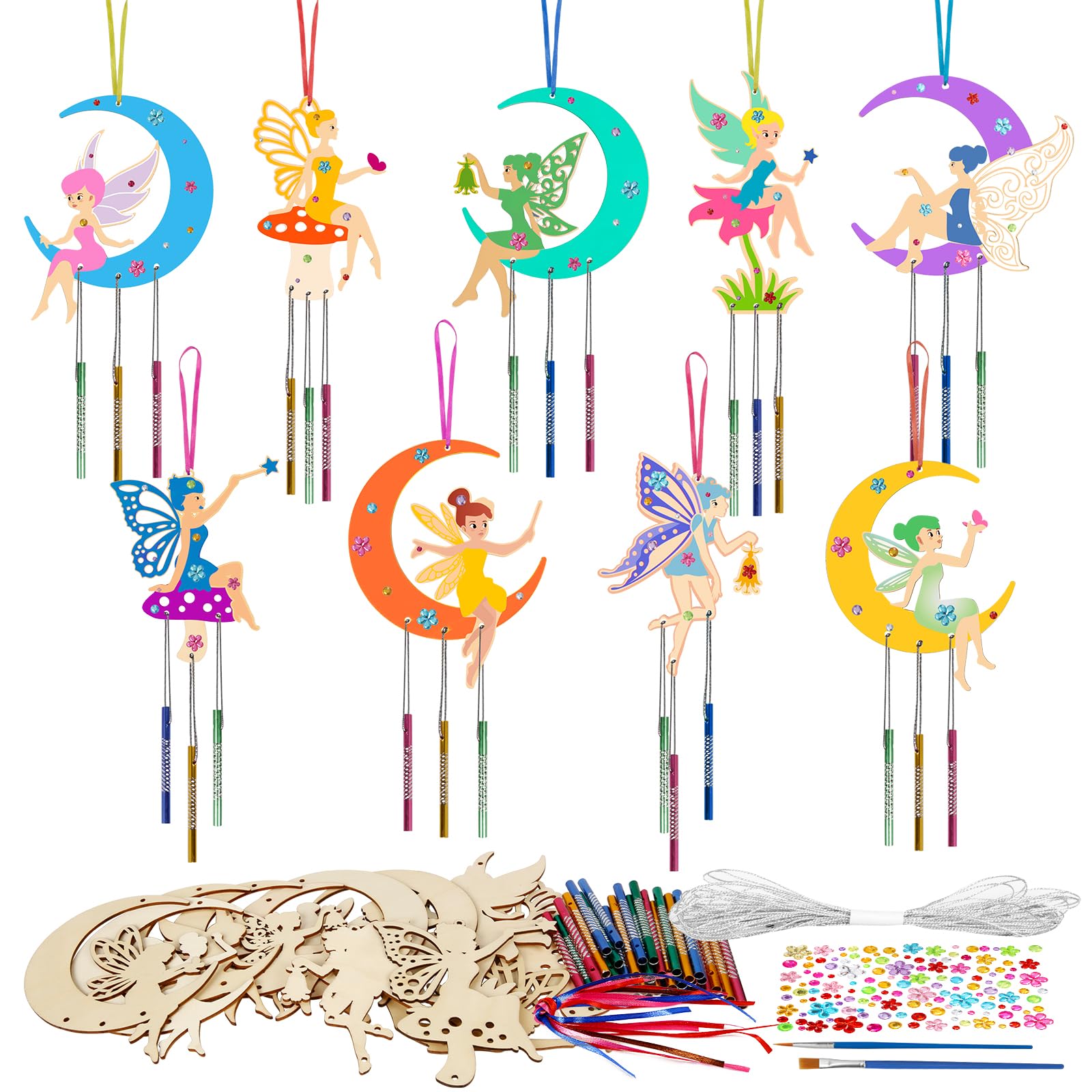 HONMOK 12 Pack Fairy Craft for Kids, Fairy Windchimes Crafts Kit for Children, DIY Princess Fairy Windchimes, Wooden Arts and Crafts for Girls Boys, Kids Christmas Gifts, Crafting Party Activities