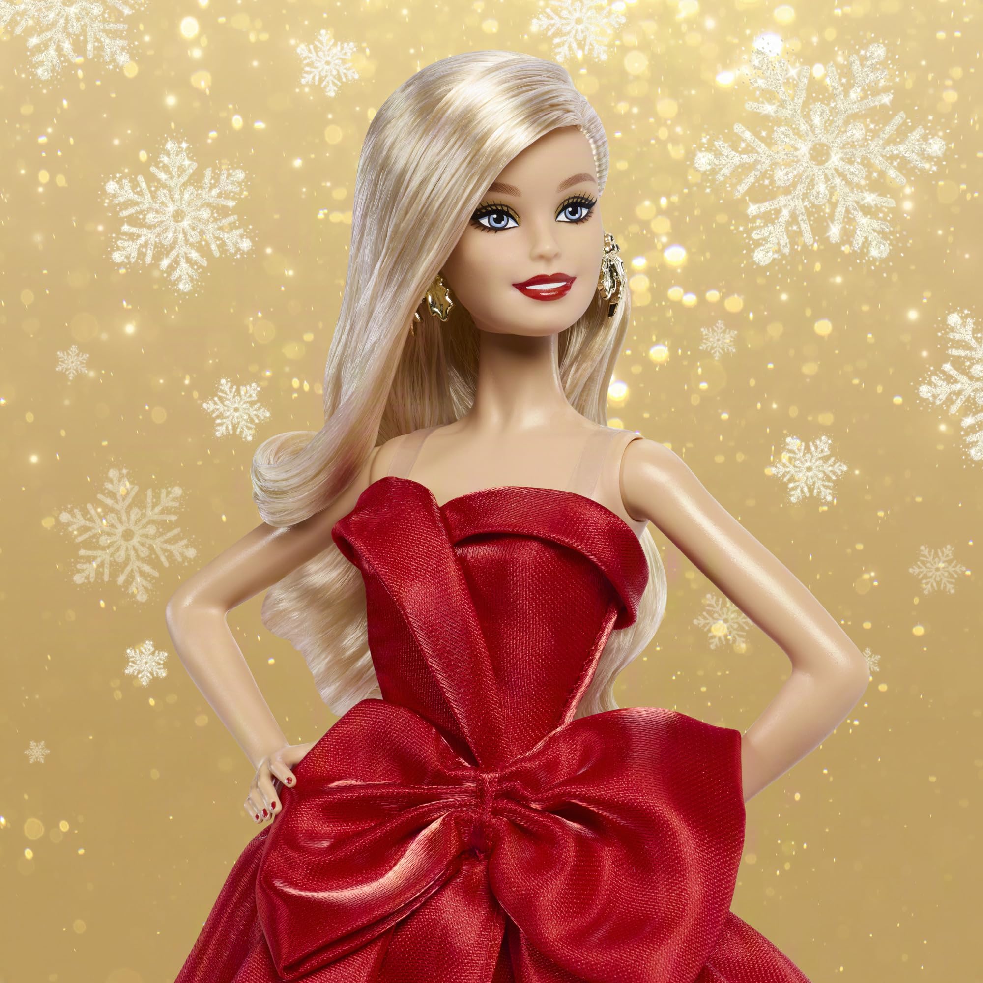 Barbie Signature Puppe, 2026 Holiday, Blonde Modepuppe | mit Schleifenkleid in Rot, saisonale Sammlerpuppe in einer Verpackung zum Ausstellen und mit Puppenständer, JJX70