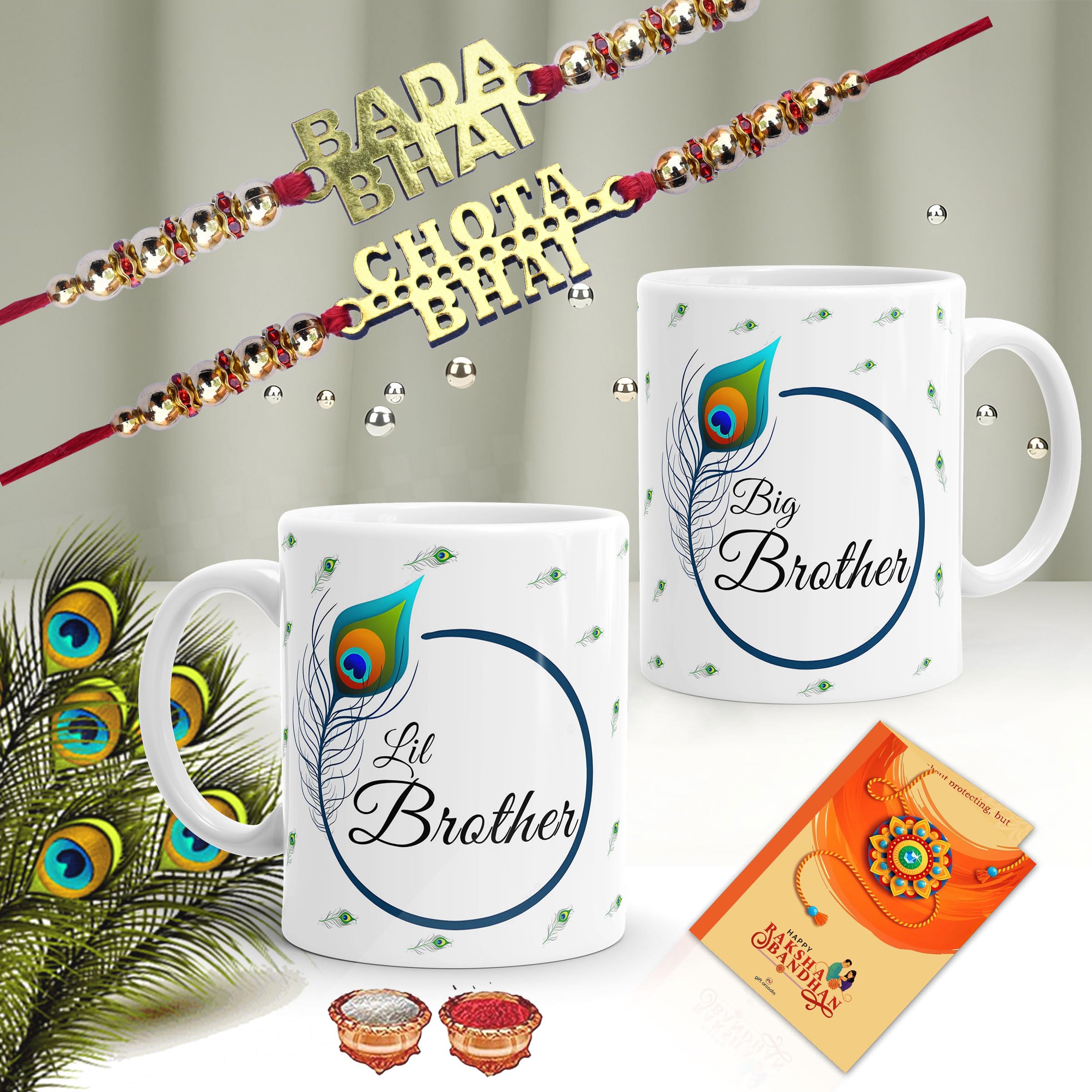 Gift Arcadia Rakhi for Big Brother Little Brother Coffee Mugs for Kids with Roli Chawal and Greeting Card Combo | Pack of 6| Best Rakhi Gift for Brother 330 ml (BL-1) 1
