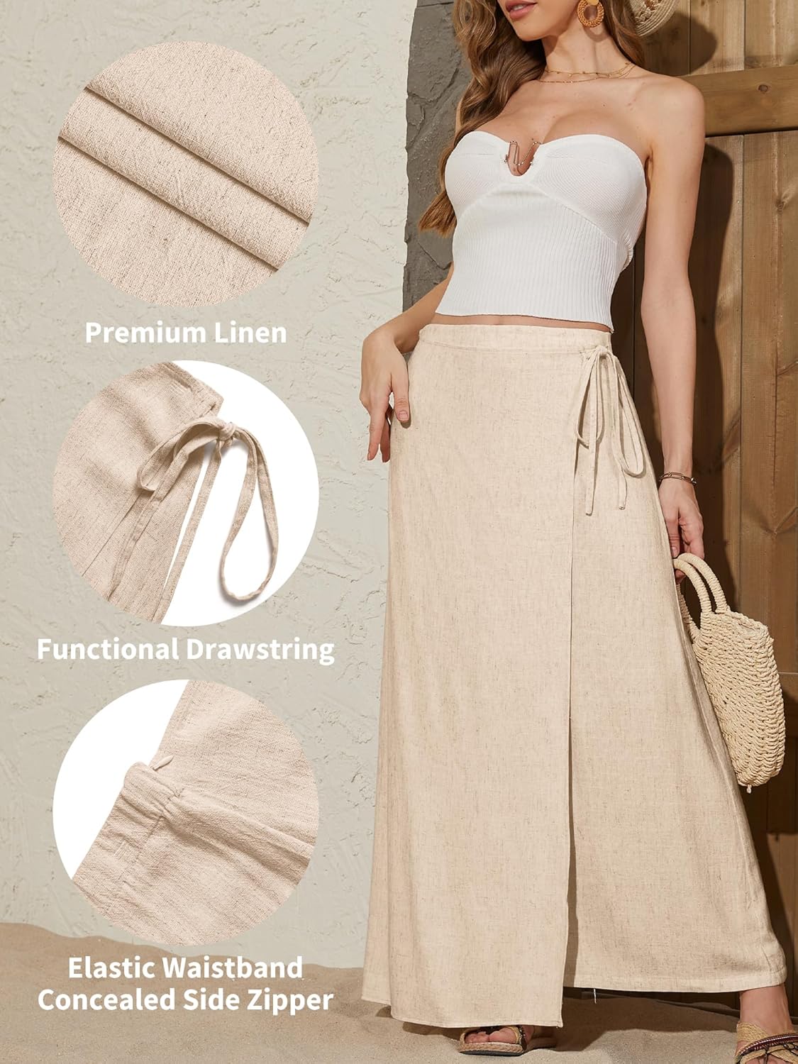 ELLEVEN Linen Wrap Maxi Skirt Elastic Back Waistband Flowy A Line Summer Casual Long Skirt - Image 5