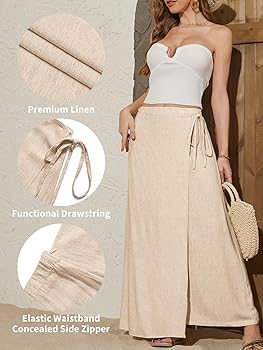 ELLEVEN Linen Wrap Maxi Skirt Elastic Back Waistband Flowy A Line