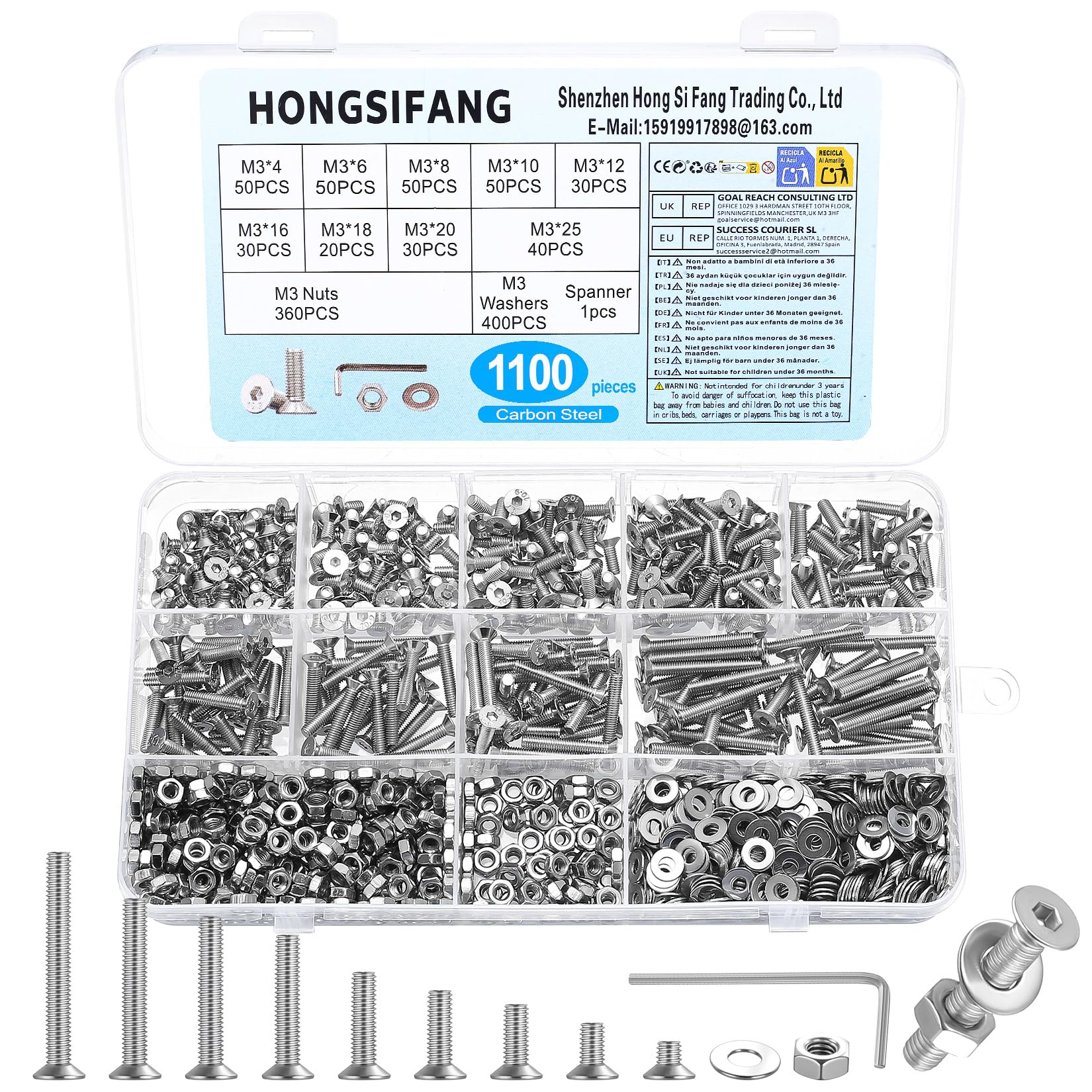 1100 Pcs M3 Screws Set, M3 Countersunk Bolts and Nuts Sets, Assorted Nuts and Bolts, Flat Head Hex Socket Head Cap Screws Set, Flat Machine Screw Assortment Kit with Washers and Wrench
