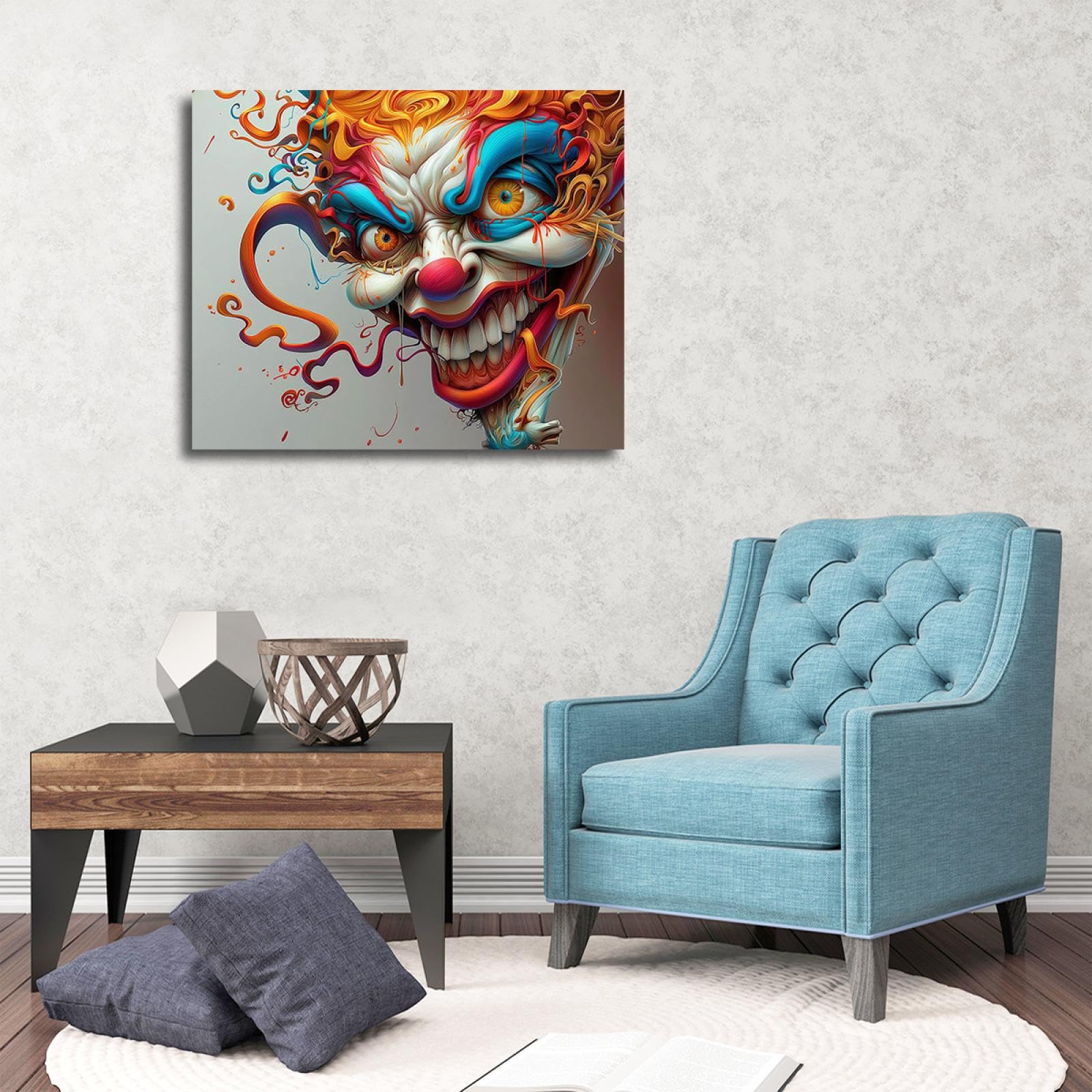 Via Vela Halloween Art Impression sur toile Dessin animé Anime Aquarelle Abstrait Amusant Personnage Visage Portrait Affiche Art Mural pour Salon Décoration Maison 90x115cm Cadre intérieur