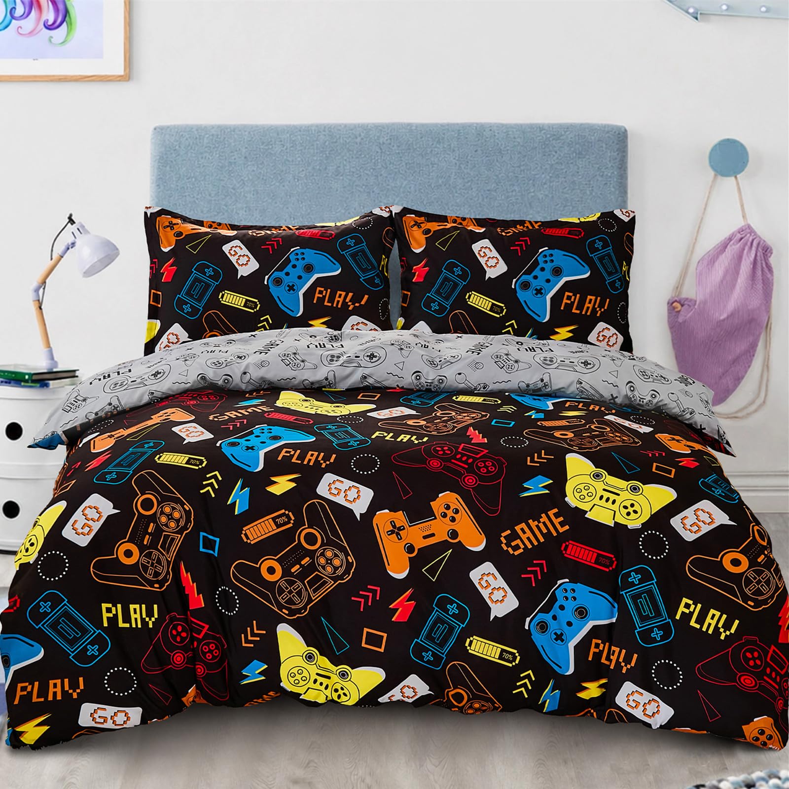 3 Pieces Bedding Duvet Cover Set for Boys,Game Controller Children Reversible Bedding Set with 2 Pillowcase,Soft Microfiber Duvet Cover Double 200x200 cm