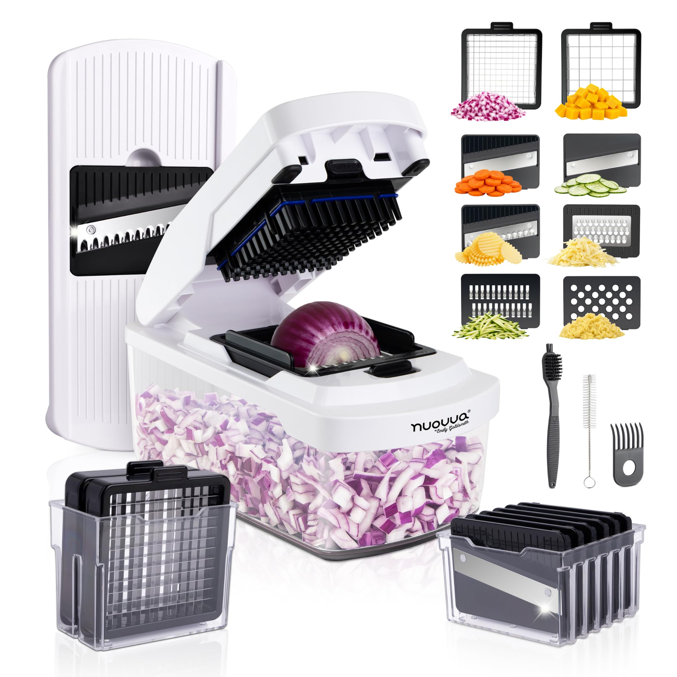 Nuovva Vegetable Chopper Dicer & Mandoline Grater Set – 13pcs, 1.7L Multi-Blade Vegetable Cutter, Stainless Steel Blades, Slicing Attachments, Hand Protector, BPA-Free Container, Dishwasher Safe