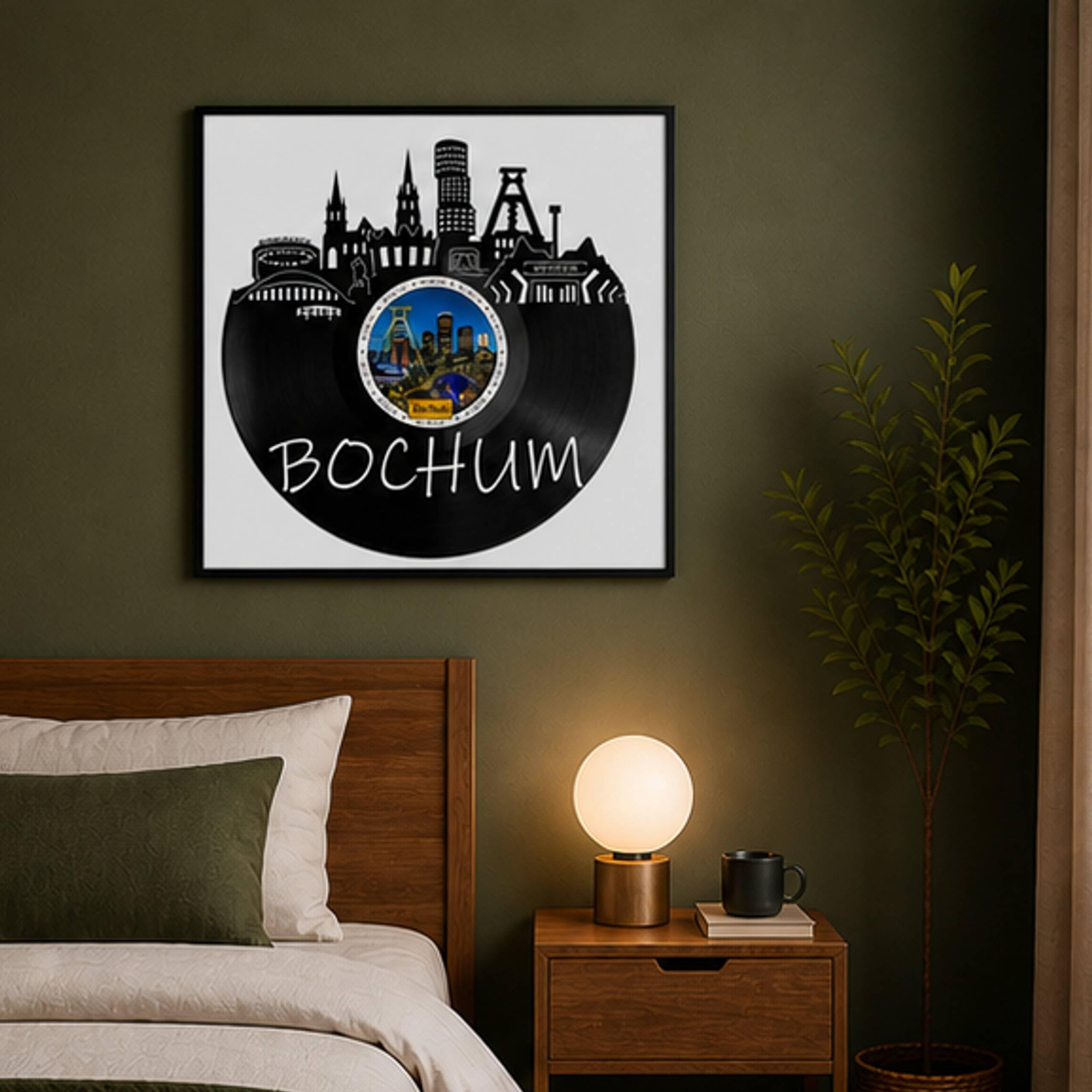 EVEVO Decorazione da parete in vinile, con cornice, 32 x 32 cm, Bochum, arte da parete in vinile, skyline di Ruhrpott, regalo per gli appassionati di Bochum e gli amanti delle miniere