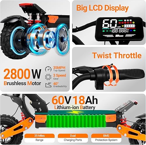 Miniatura 2 de Patinete eléctrico para adultos, 2800 W6000 W, velocidad máxima de 3552 MPH, batería de 10801800 Wh, rango de 3560 millas de alcance de 11 pulgadas,